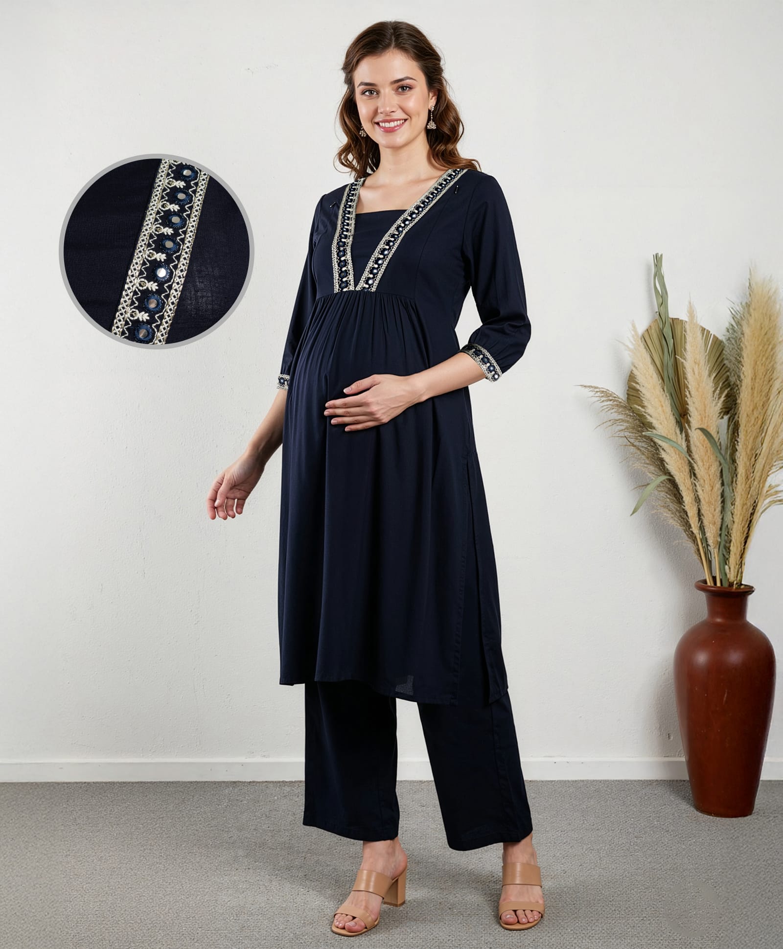 Bella Mama Woven Three Fourth Sleeves Embroidered Yoke Maternity Suit Set - Navy Blue