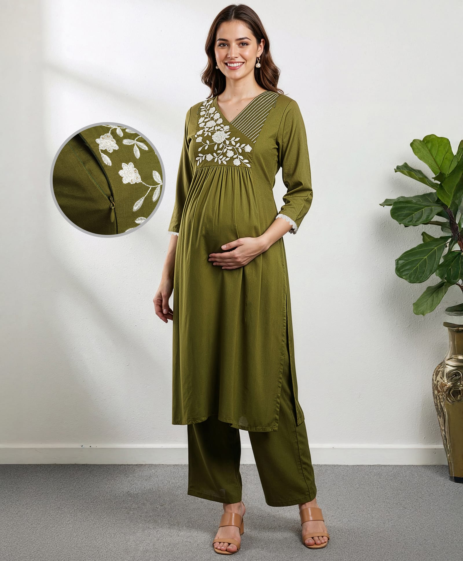 Bella Mama Woven Three Fourth Sleeves With Embroidered Yoke Maternity Suit Set - Green