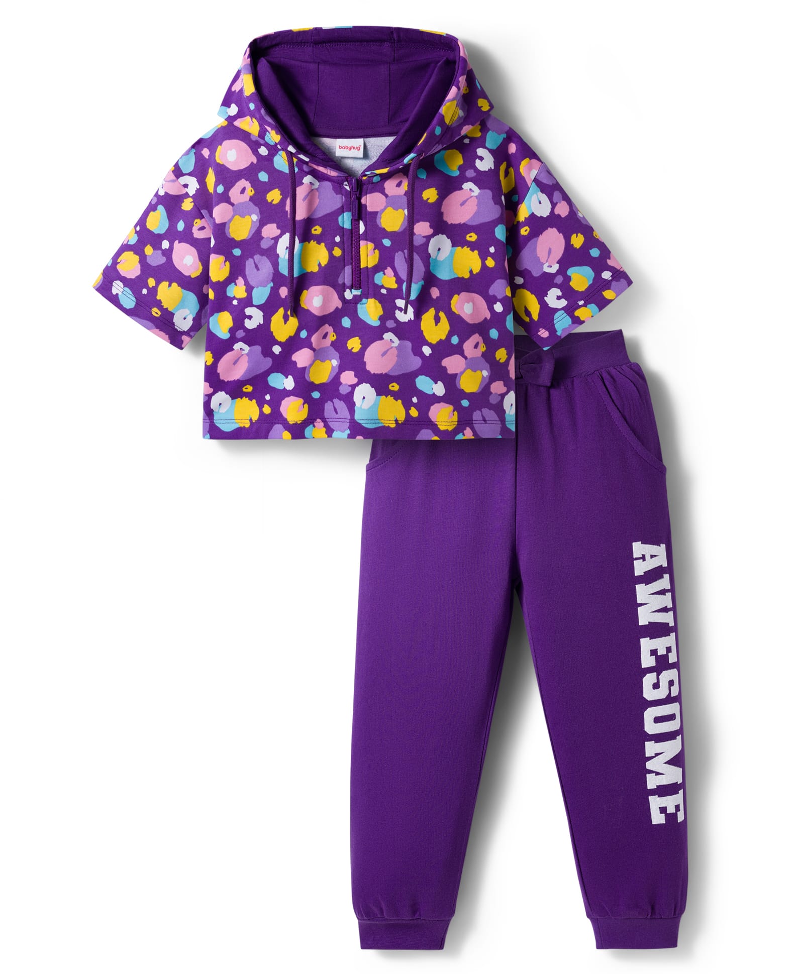 Babyhug Terry Knit Full Sleeves Hooded Top & Lounge Pant Set - Purple-image-31
