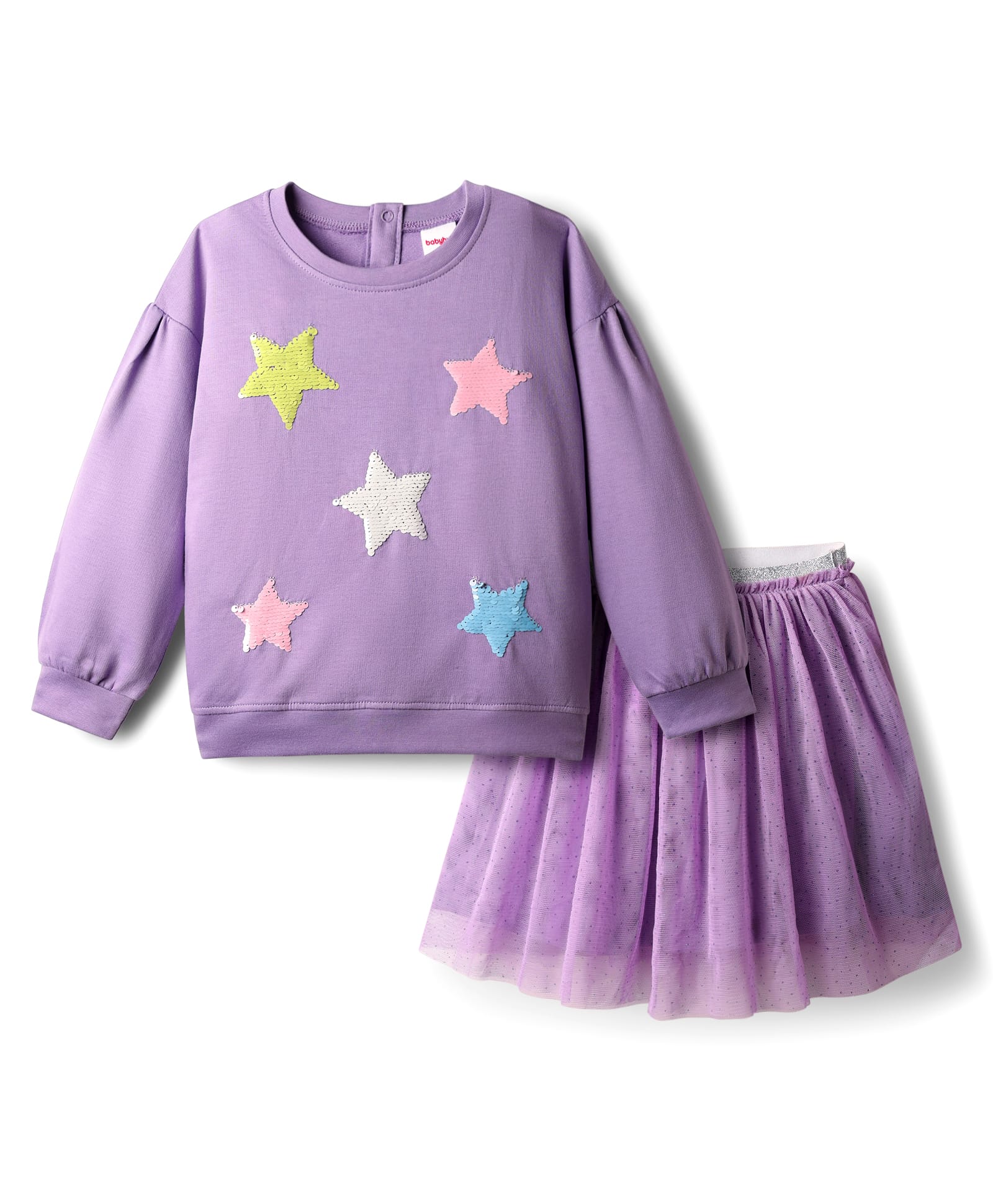 Babyhug Terry Knit Full Sleeves Tops and Skirt Set with Star Print - Purple-picture-14