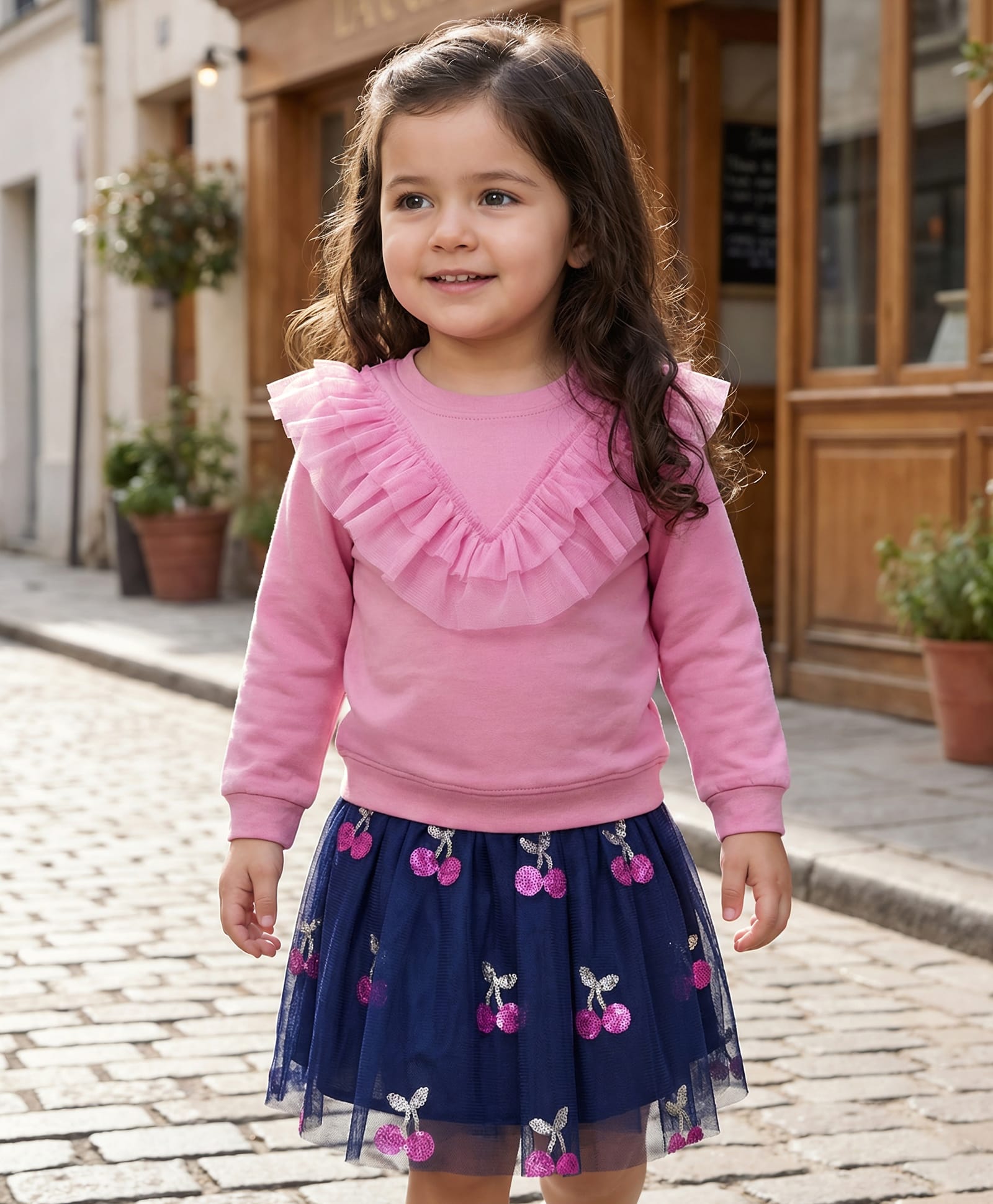 Babyhug Single Jersey Knit Full Sleeves Top and Skirt With Frill Detailing & Sequin Cherry Design - Pink & Navy Blue-picture-21