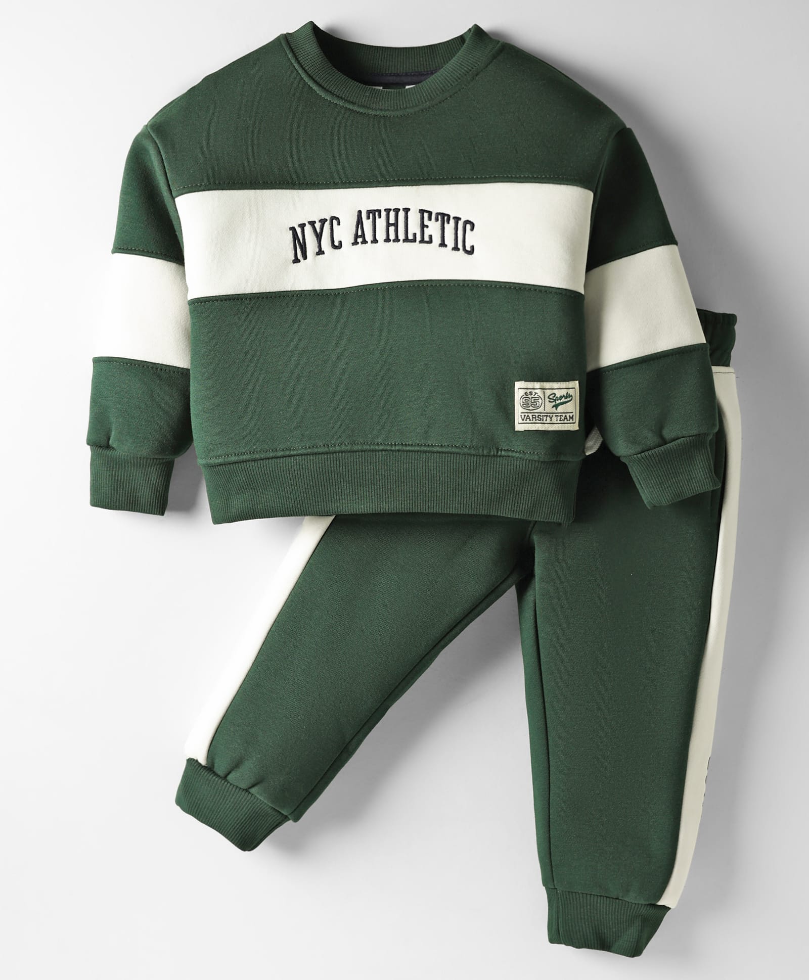 Smarty Boys Fleece Knit Full Sleeves Cut & Sew Winter Night Suit with Text Embroidery - Green-image-13