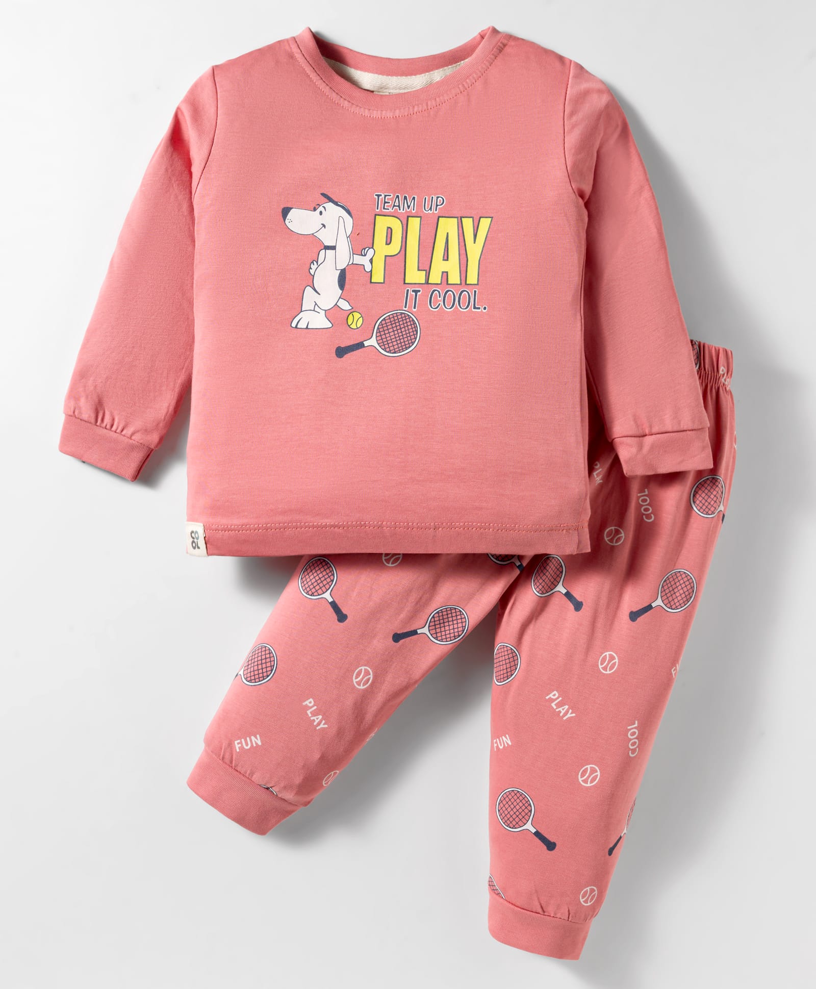 Ollypop Sinker Knit Full Sleeves T-Shirt & Lounge Pant Set With Dog Print - Pink-picture-45