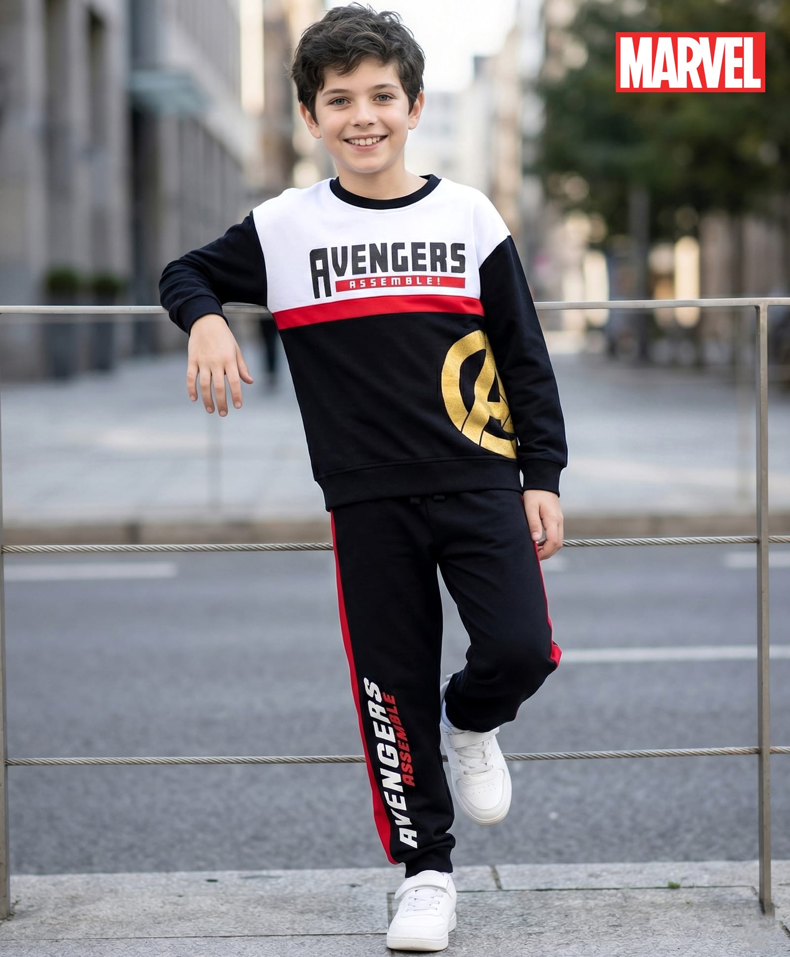 Honeyhap Marvel Terry Knit Full Sleeves Sweatshirt & Jogger Set With Avengers Graphics & Badge Detailing - Black-picture-15