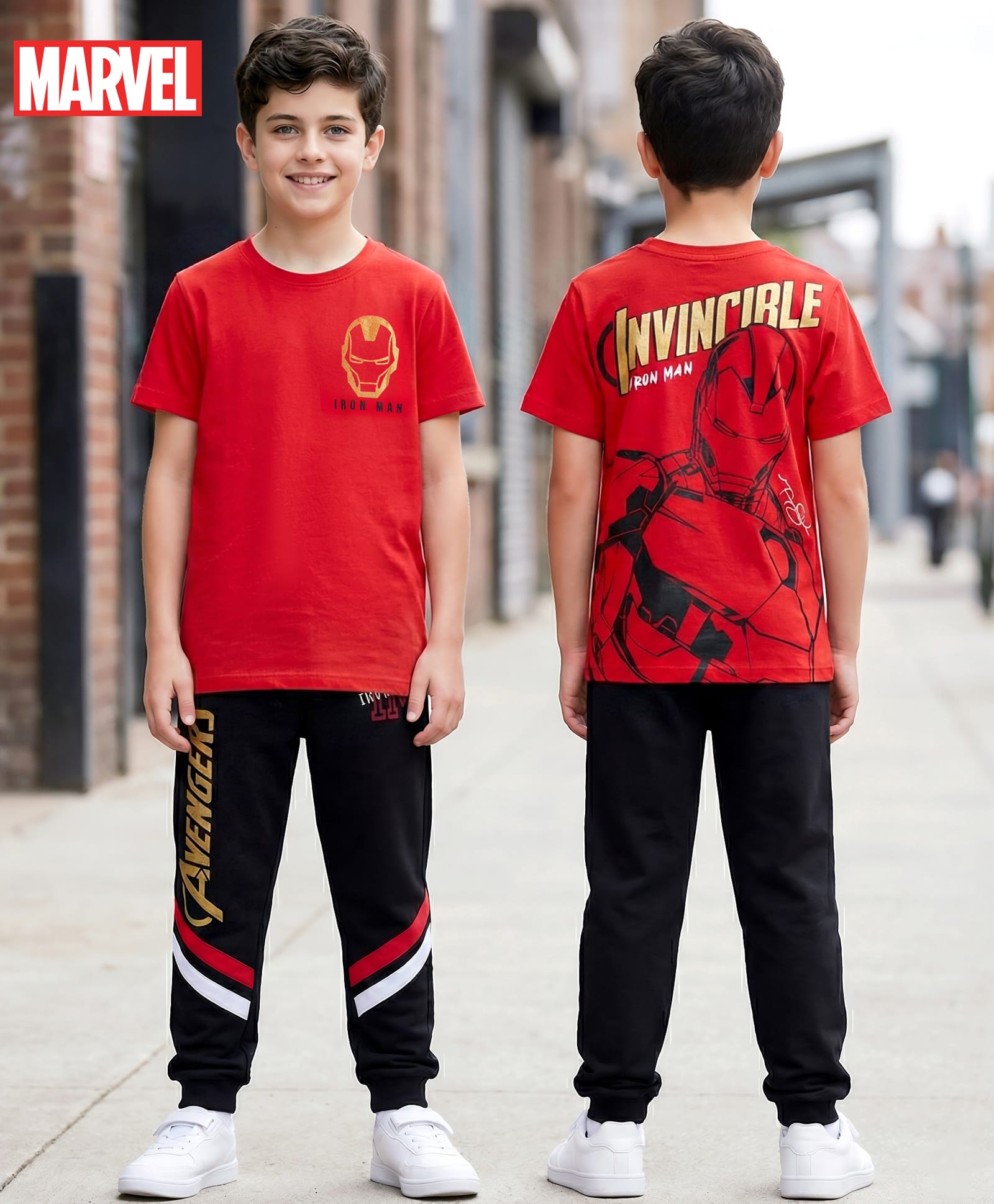 Honeyhap Marvel Single Jersey Knit Half Sleeves T-Shirt & Joggers Set with Avengers Graphic & Gold Foil Detailing - Red-image-28