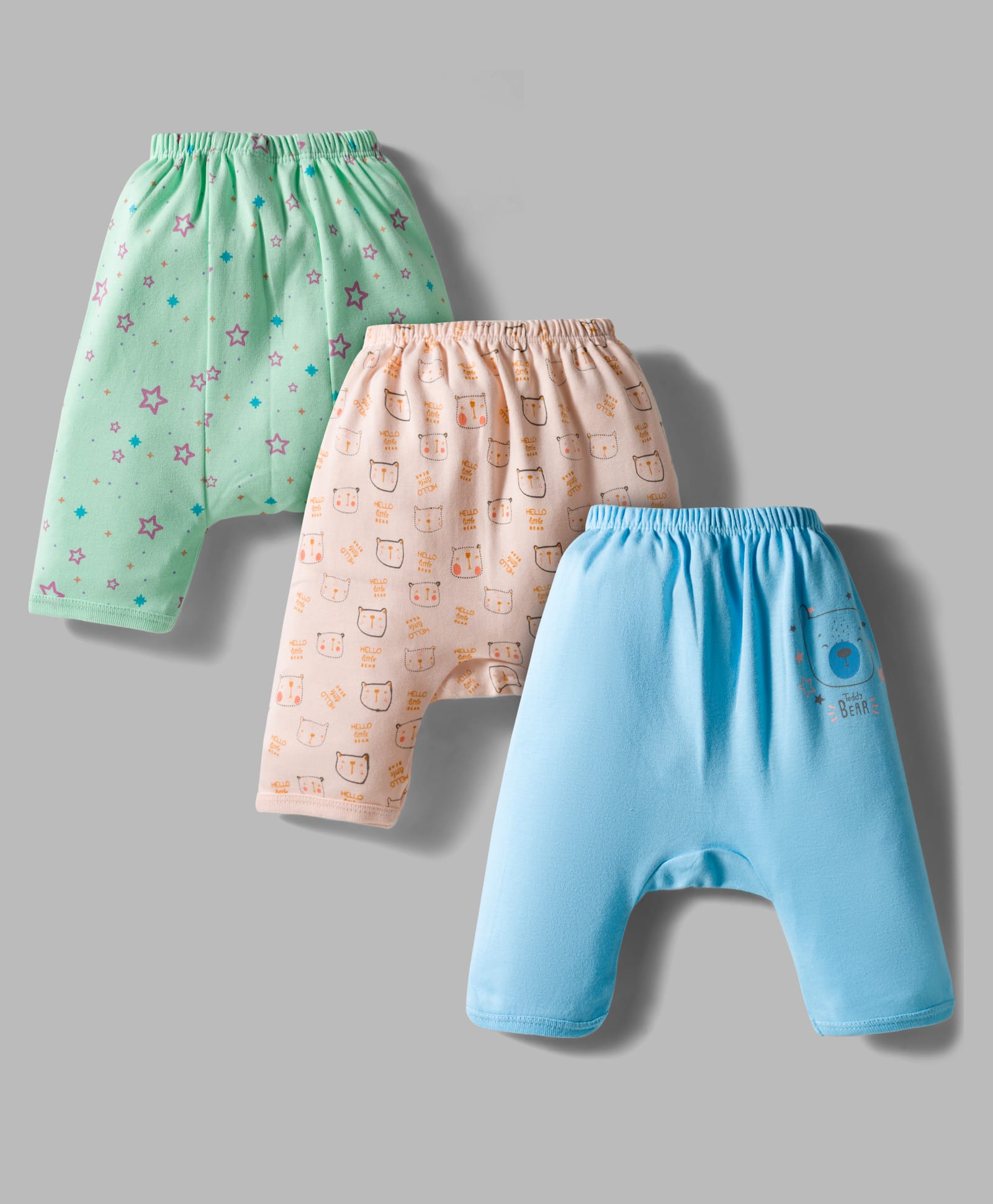 Tango Interlock Knit Full Length Diaper Leggings with Teddy & Star Print Pack of 3 - Light Green & Light Blue-image-38