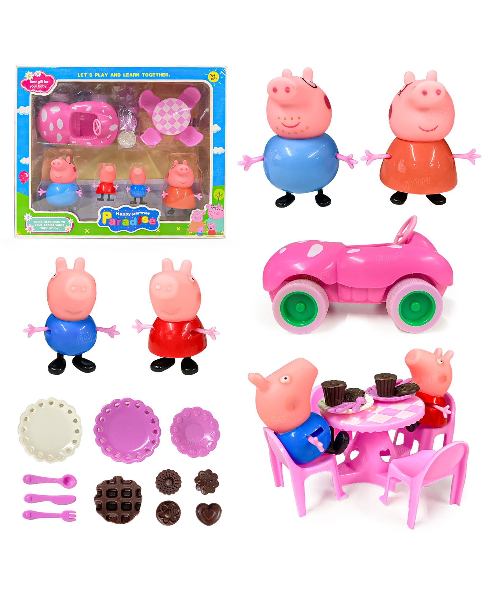 Fiddlerz Peppa-Themed Dining Playset for Kids with 4 Cartoon Figurines Pink Car Table Chairs and Tableware Accessories for Pretend Play and Gifting for Boys and Girls Age 3+ Multicolor-image-43