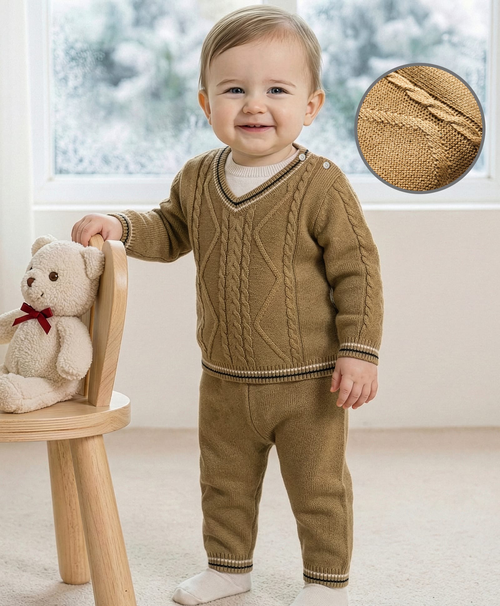 Babyoye Jacquard Knit Full Sleeves Sweater Set with Cable Knit Design - Beige-image-26
