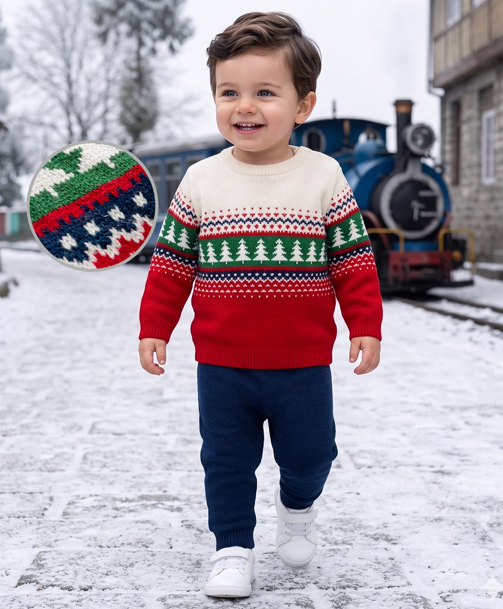 Babyoye Knit Full Sleeves Pullover Sweater Set with Aztec Design - Navy Blue & Red-image-46