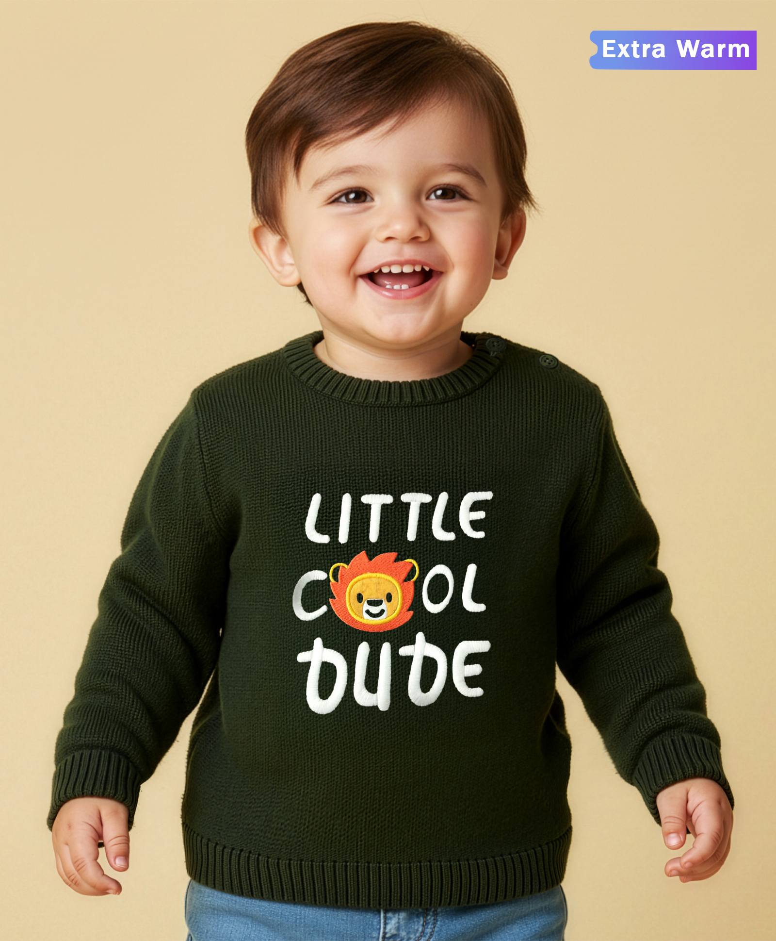 Babyoye Knitted Full Sleeves Pullover Sweater With Lion Design - Olive Green-image-45