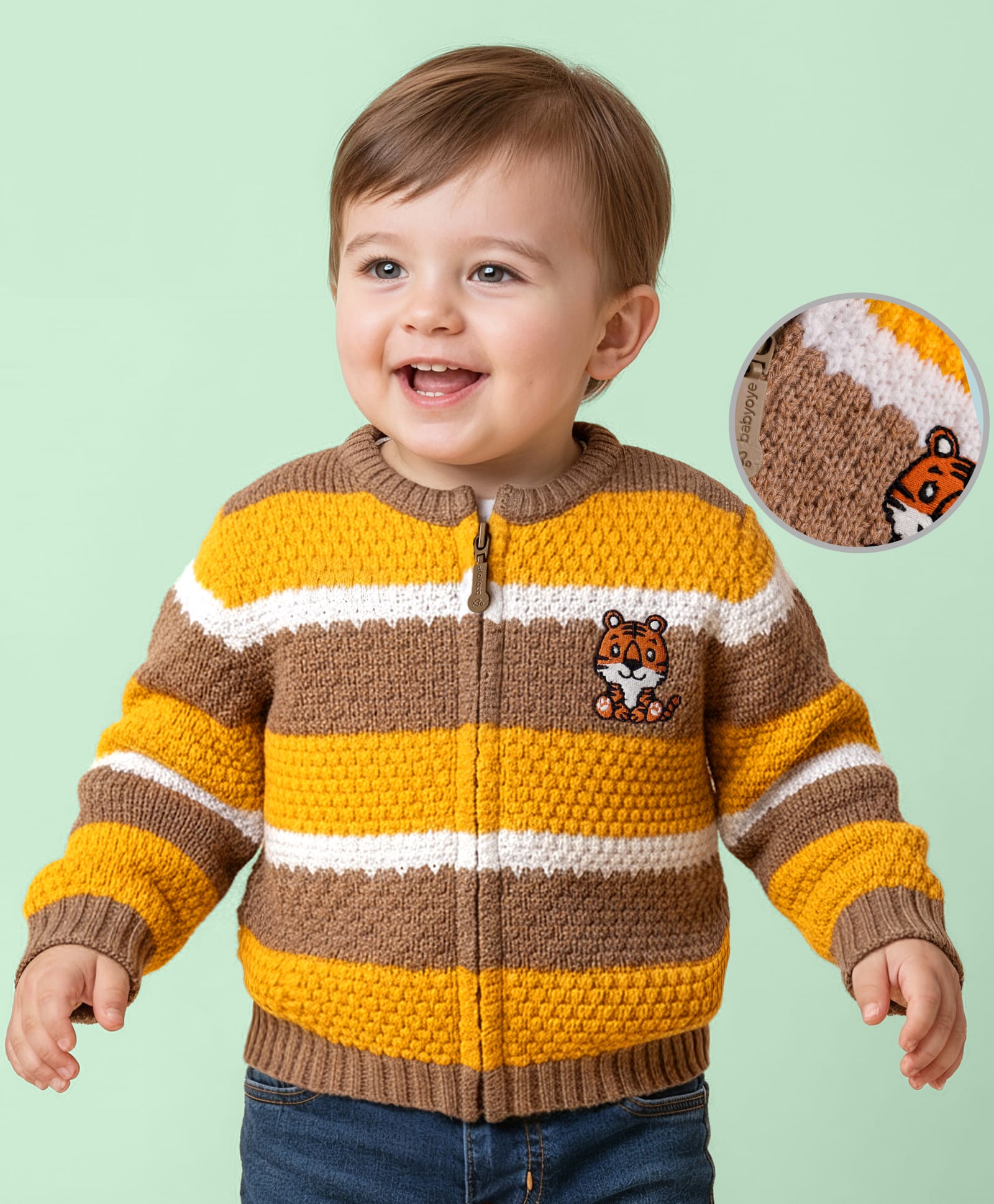Babyoye Knit Full Sleeves Front Open Sweater with Stripes & Tiger Embroidery - Multicolor-image-4