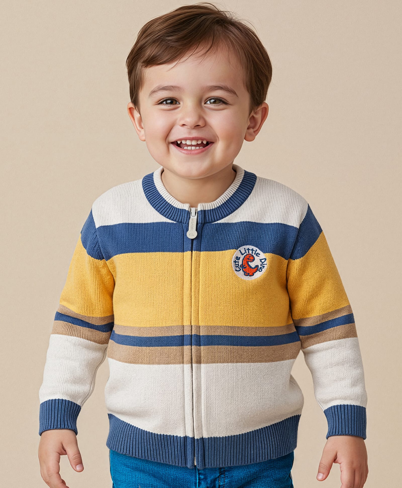Babyoye 100% Cotton Knit Stripes Full Sleeves Front Open Sweater with Stripes & Cute Dino Embroidered Patch - Light Grey & Yellow-image-40