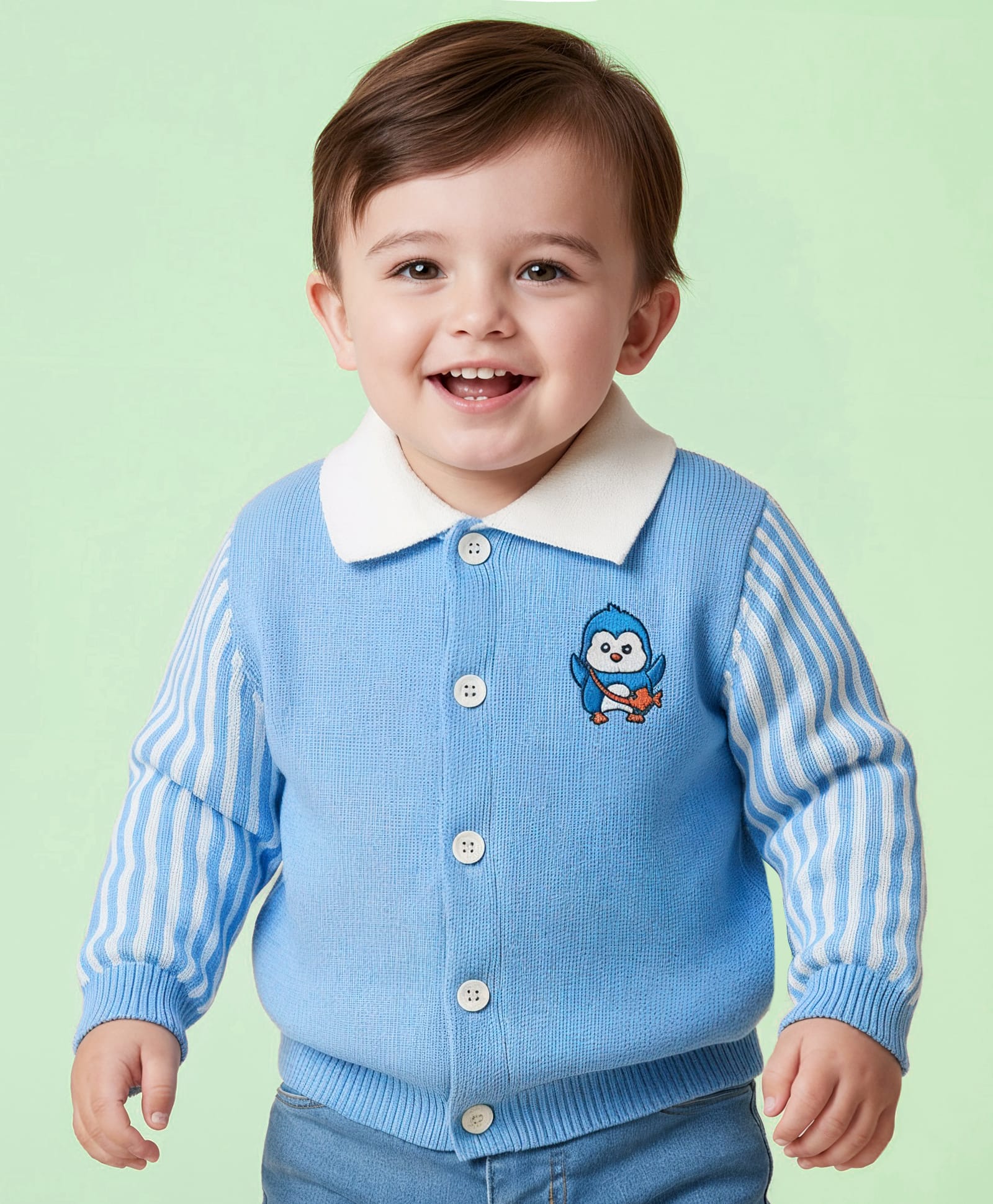 Babyoye 100% Cotton Jacquard Knit Full Sleeves Front Open Sweaters with Penguin Embroidery - Blue-image-41