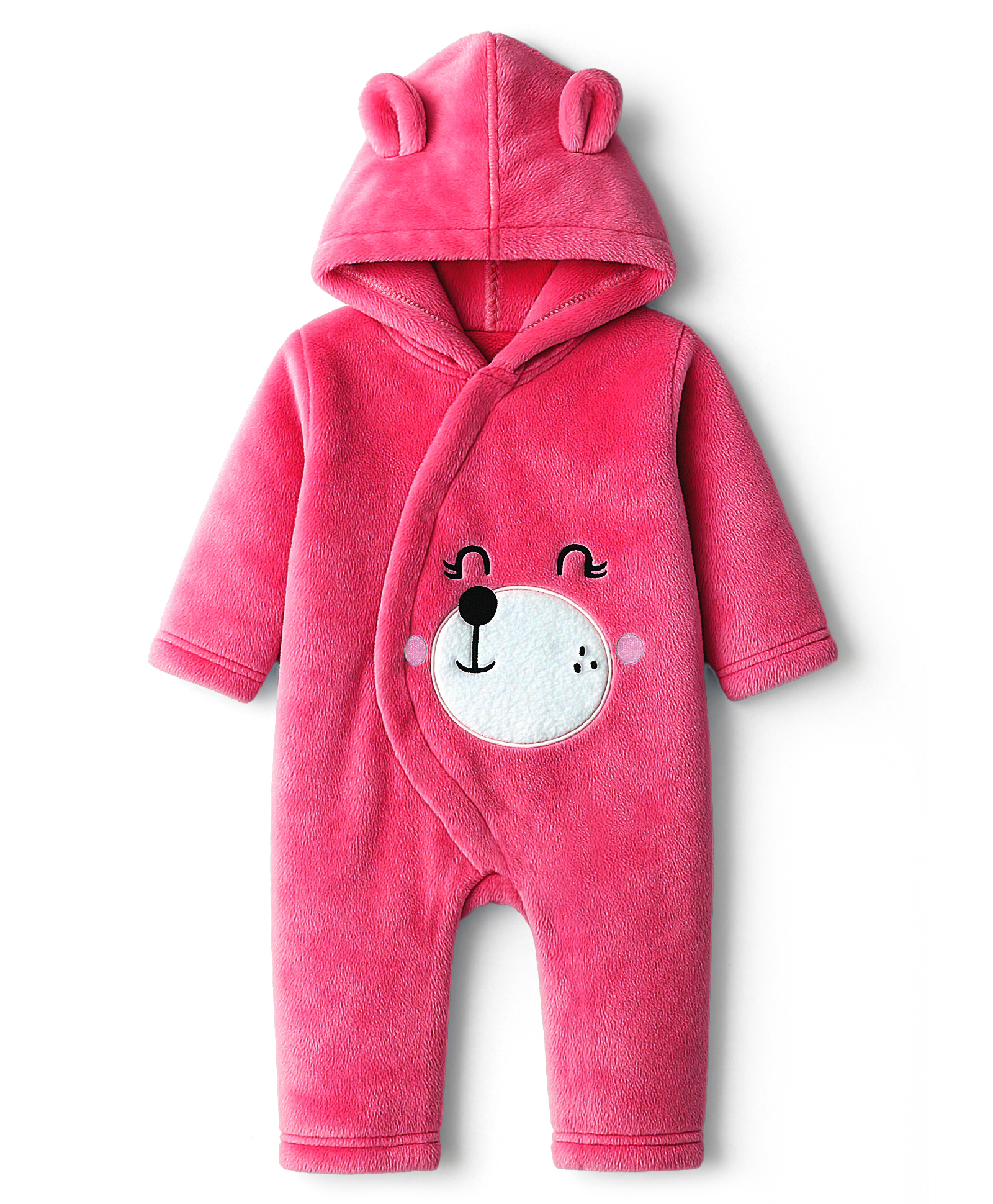 Kanvin Fur Knit Full Sleeves Hooded Winter Romper With Ear Applique & Bear Patch Embroidery - Pink-picture-14