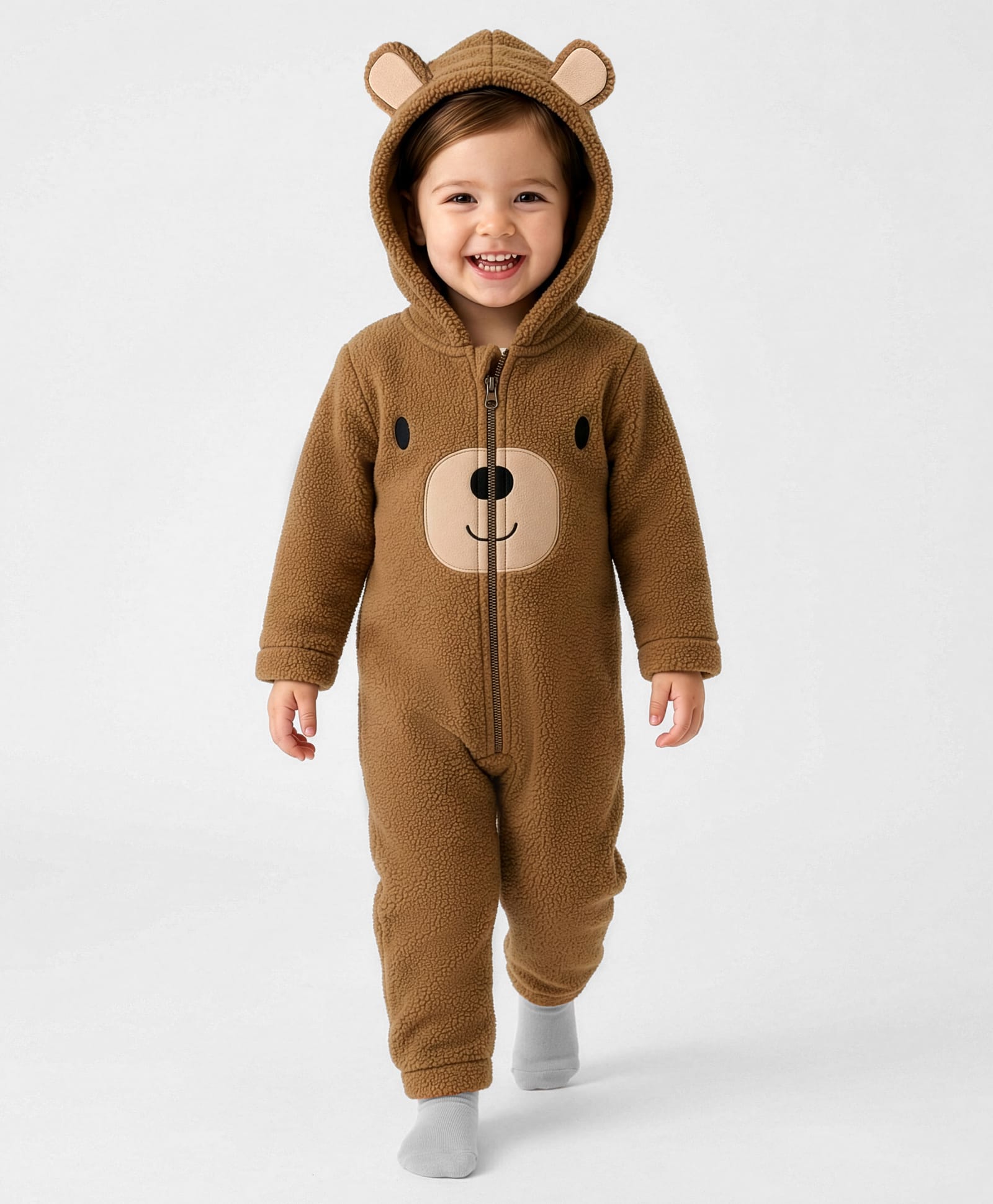 Kanvin Knit Full Sleeves Winter Wear Romper With Ear & Face Applique - Tan-image-3