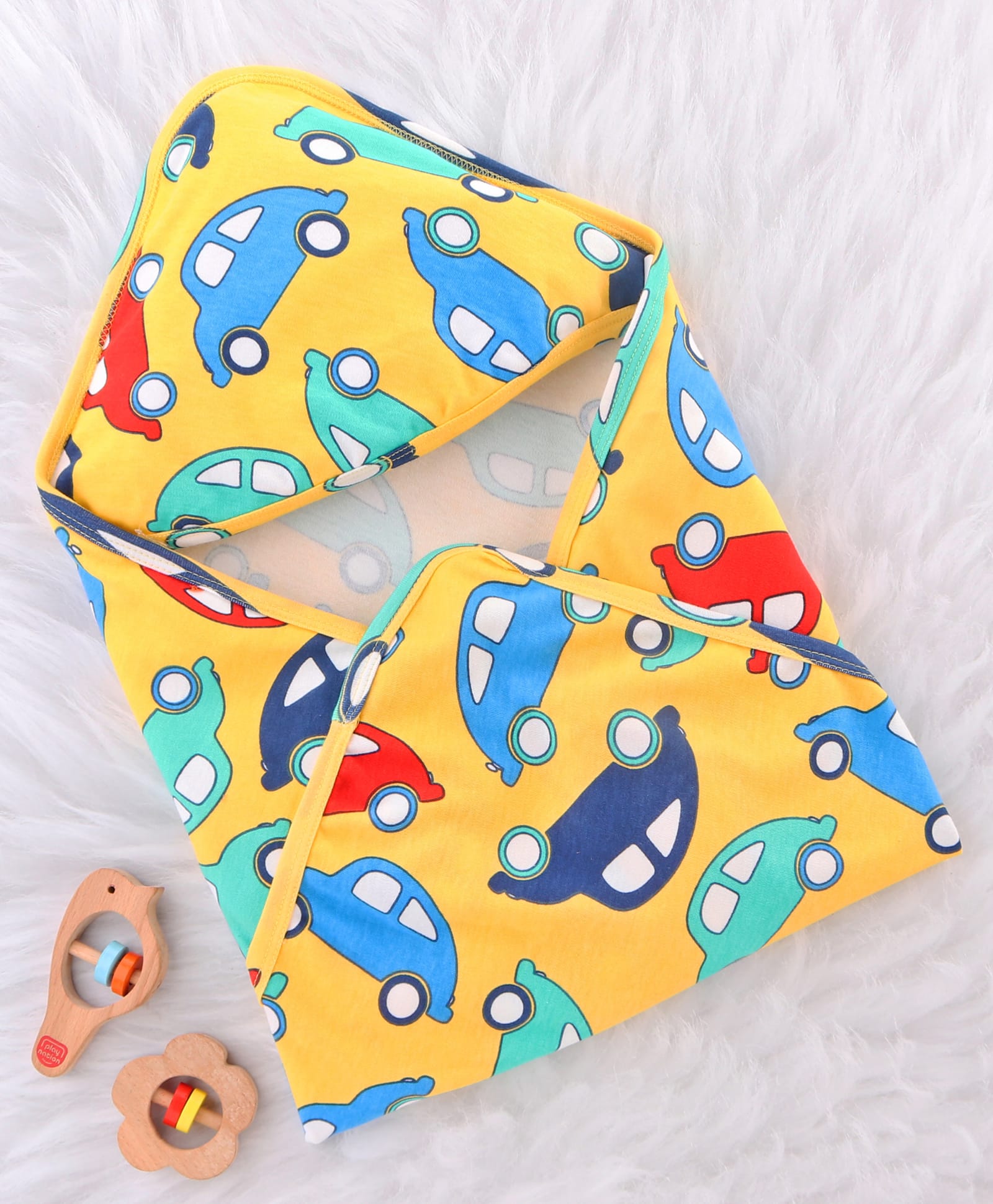 Babyhug Cotton Interlock Knit Hooded Wrapper with Vehicle Print L 76 x B 71.5 cm - Yellow-image-47