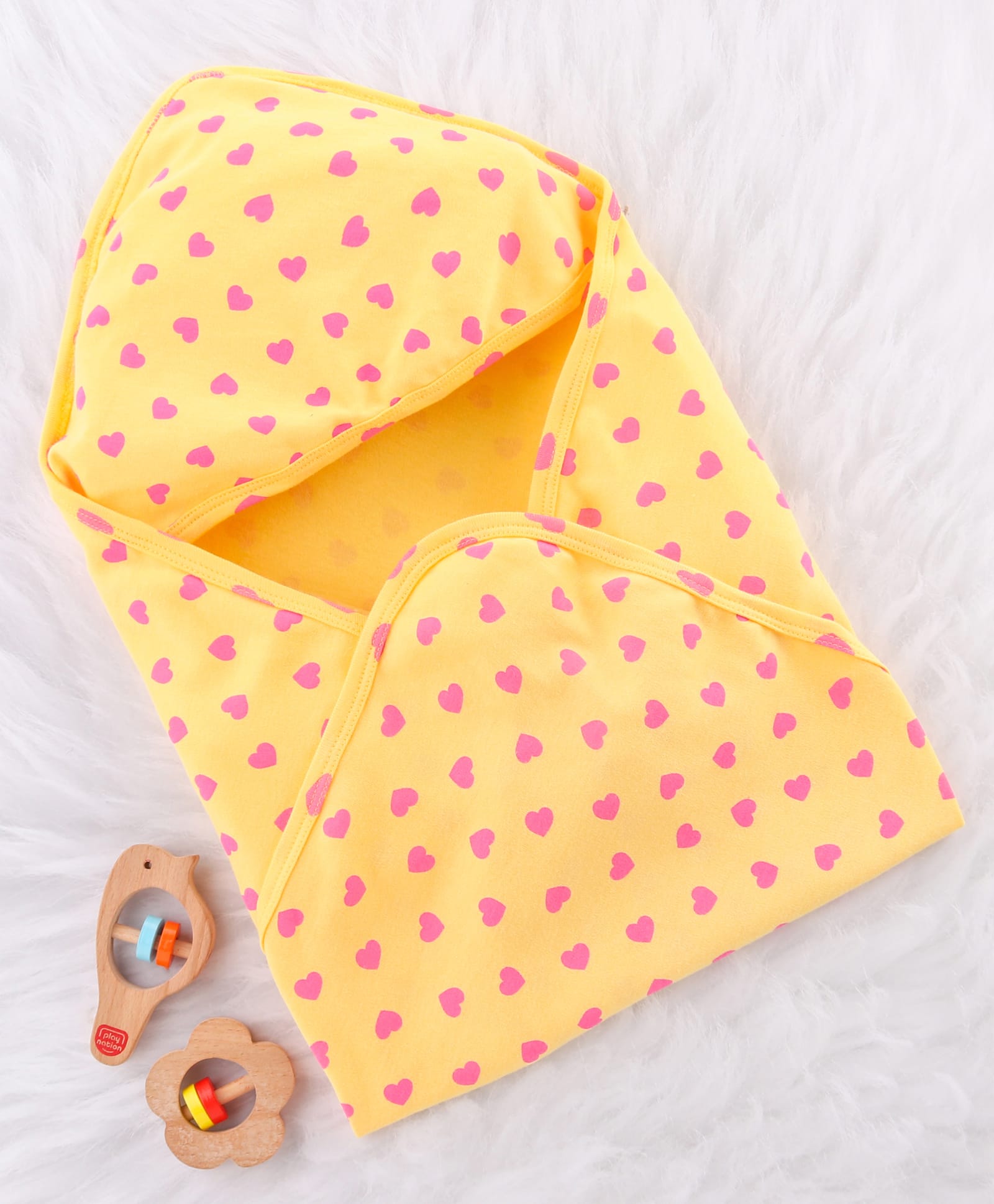 Babyhug Cotton Interlock Knit Hooded Wrapper with Hearts Print L 76 x B 71.5 cm - Yellow-image-28