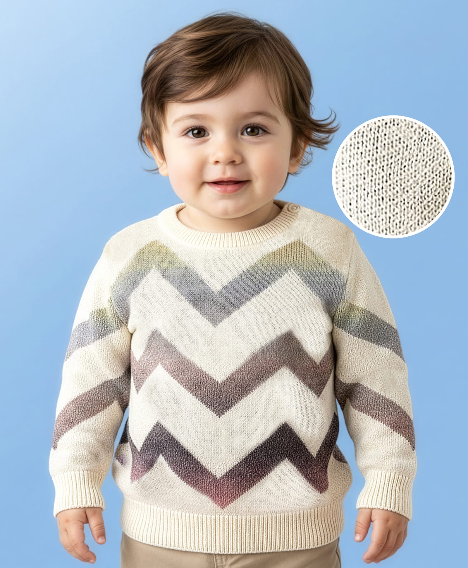 Babyoye Knitted Full Sleeves Pullover Sweater With Chevron Design - Off White-image-49