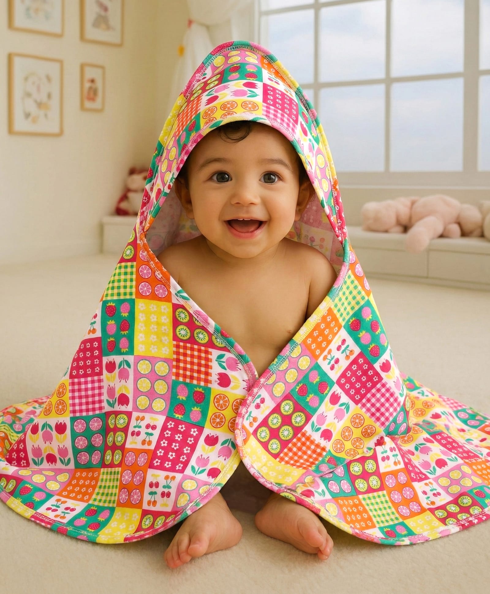 Babyhug Cotton Interlock Knit Hooded Wrapper with Tropical Theme Printed L 76 x B 73 cm - White-image-49