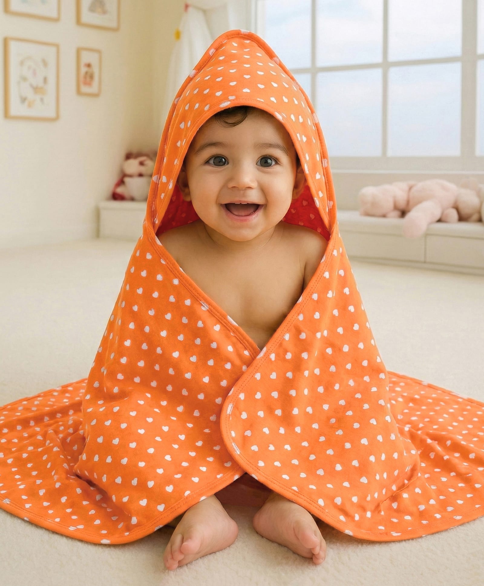 Babyhug Cotton Interlock Knit Hooded Wrapper with Heart Print L 75 x B 74 cm - Orange-image-4