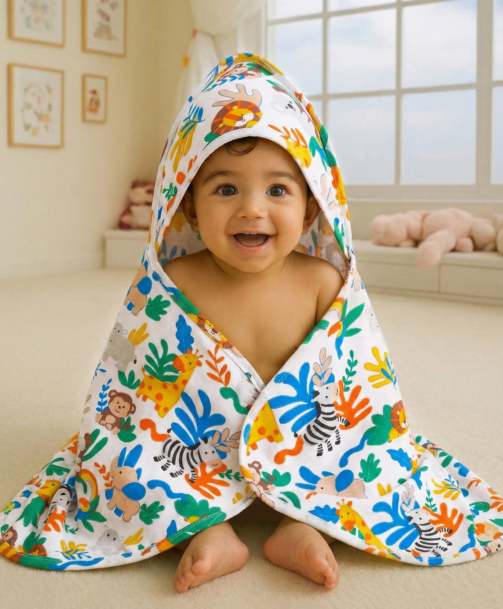 Babyhug Cotton Knit Hooded Wrapper With Animal Print L 75 x B 70 cm - Yellow