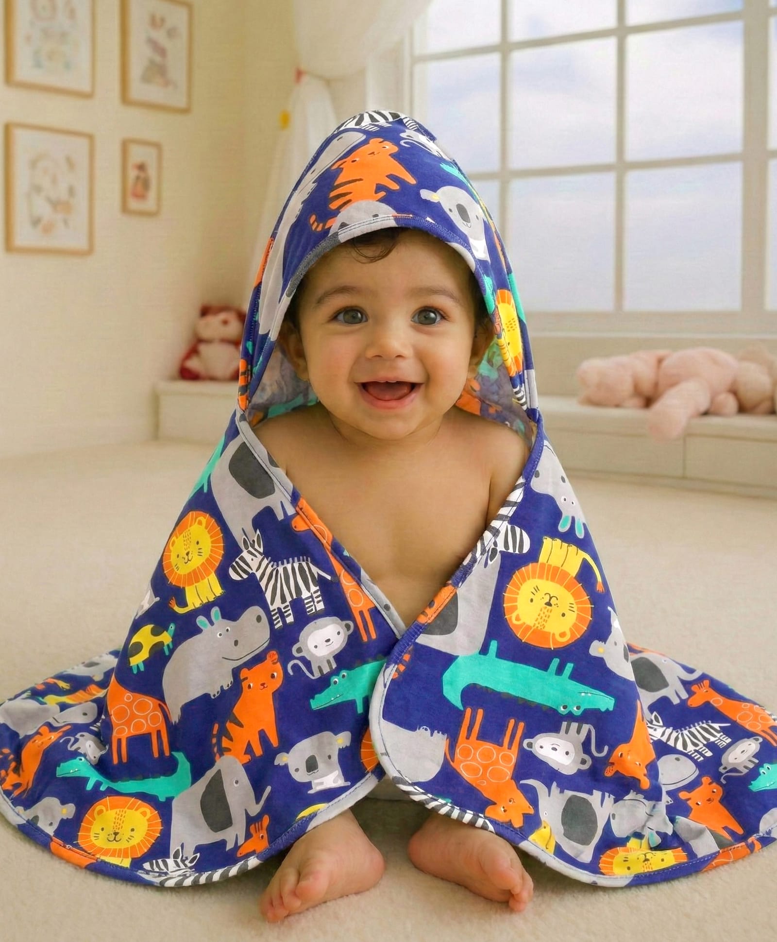 Babyhug Cotton Interlock Knit Hooded Wrapper with Animal Print L 76 x B 73 cm - Navy Blue-picture-27