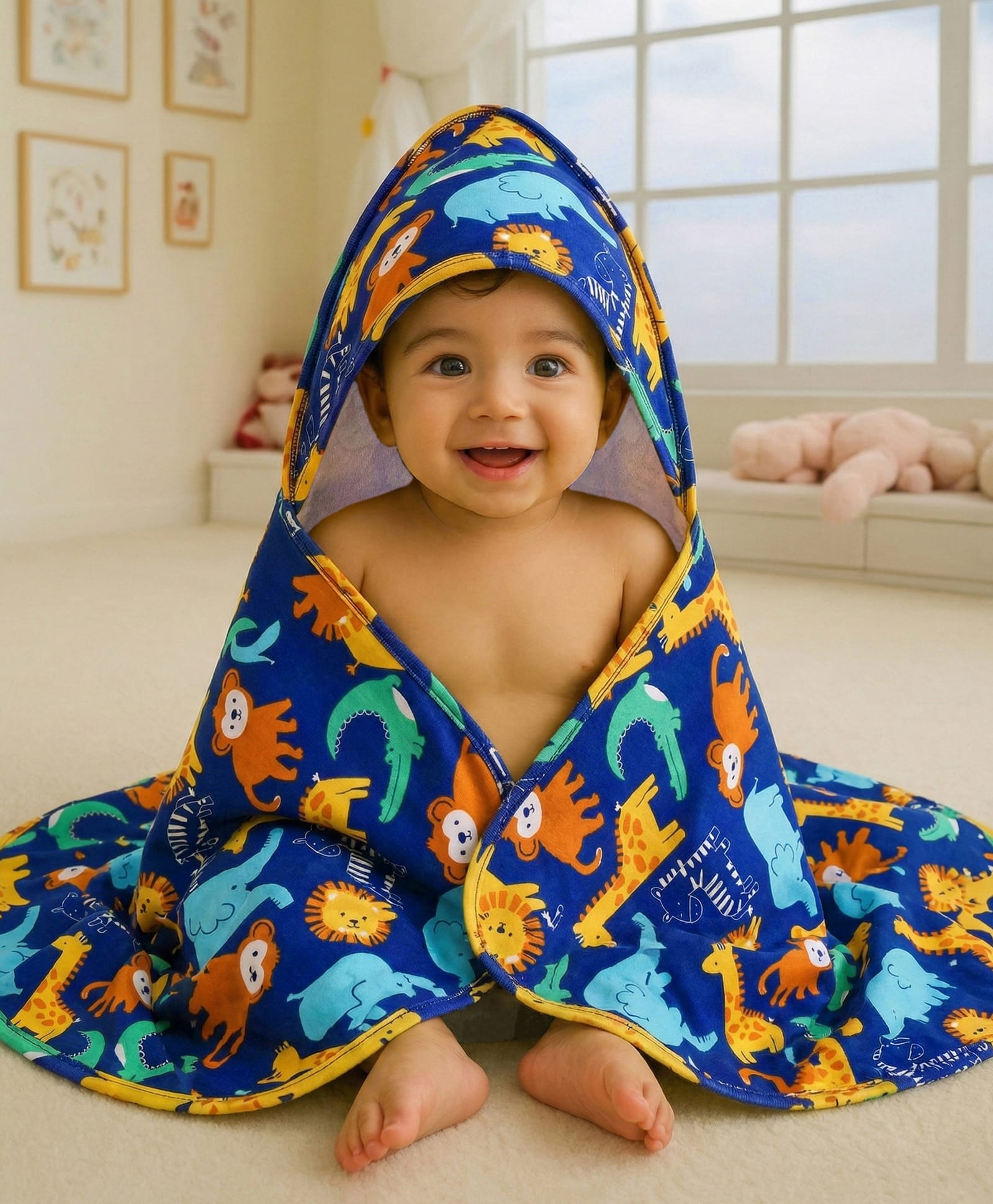 Babyhug Cotton Interlock Knit Hooded Wrapper with Animal Print L 75 x B 73 cm - Navy Blue