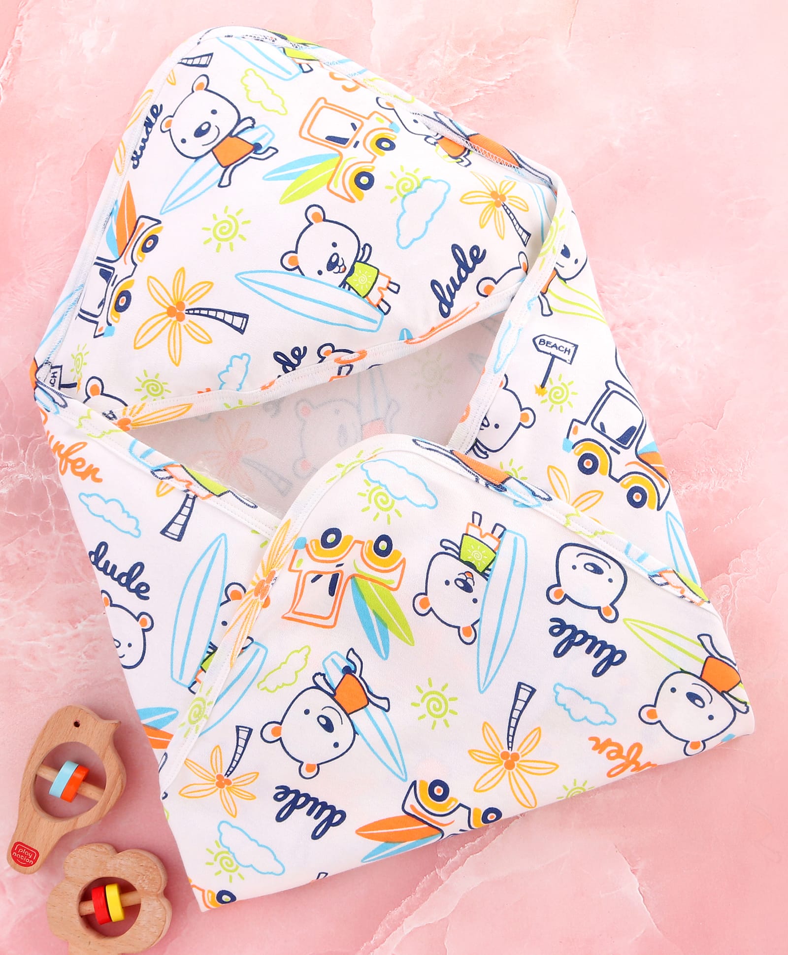 Babyhug Interlock Cotton Knit Hooded Wrapper Beach Theme Print L 75 x B 72 cm - White-picture-11