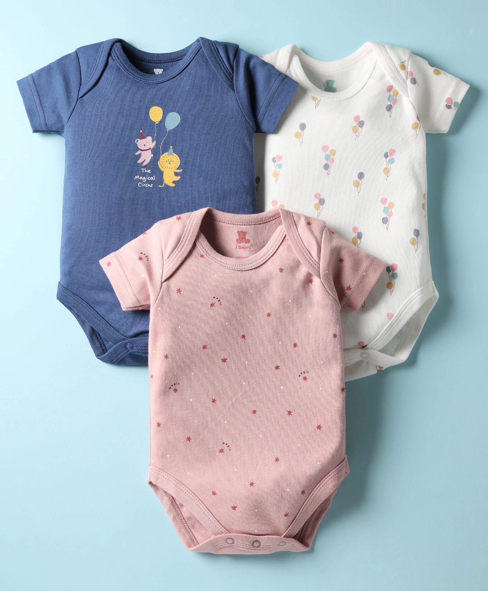 I Bears Interlock Knit Half Sleeves Onesies With Balloon Print Pack Of 3 - Blue White & Pink-picture-24
