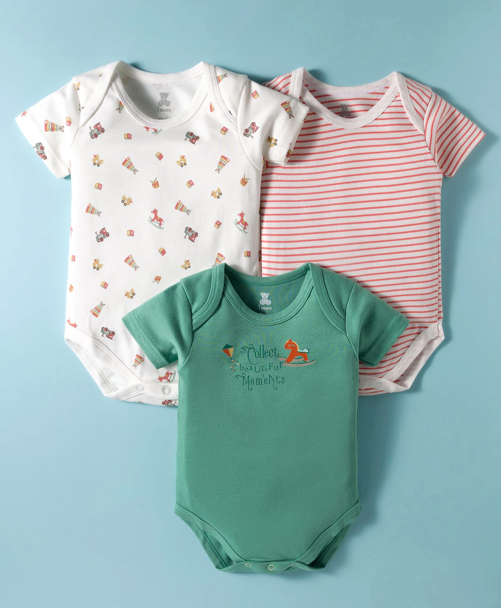 I Bears Interlock Knit Half Sleeves Onesies with Stripe & Animal Print Pack of 3 - White Green & Red-picture-19