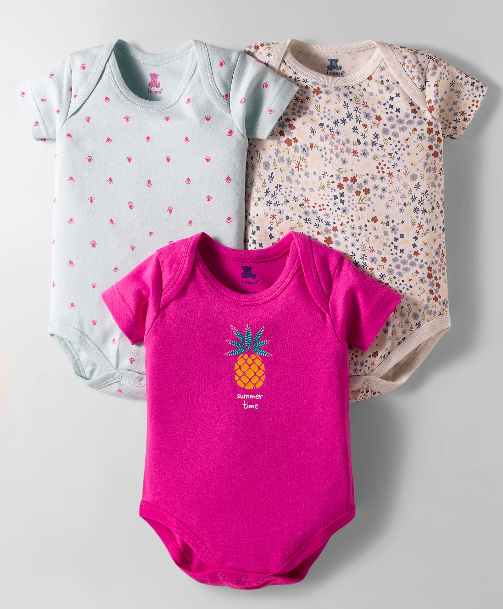 I Bears Interlock Knit Half Sleeves Onesies with Pineapple & Floral Print Pack of 3 - Dark Pink Light Blue & Cream-image-36