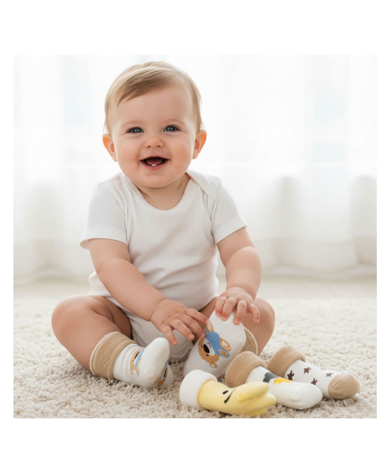 Bembika Cotton Pack Of 5 Teddy Bear & Stars Designed Anti Skid Socks - Multi Colour-image-23