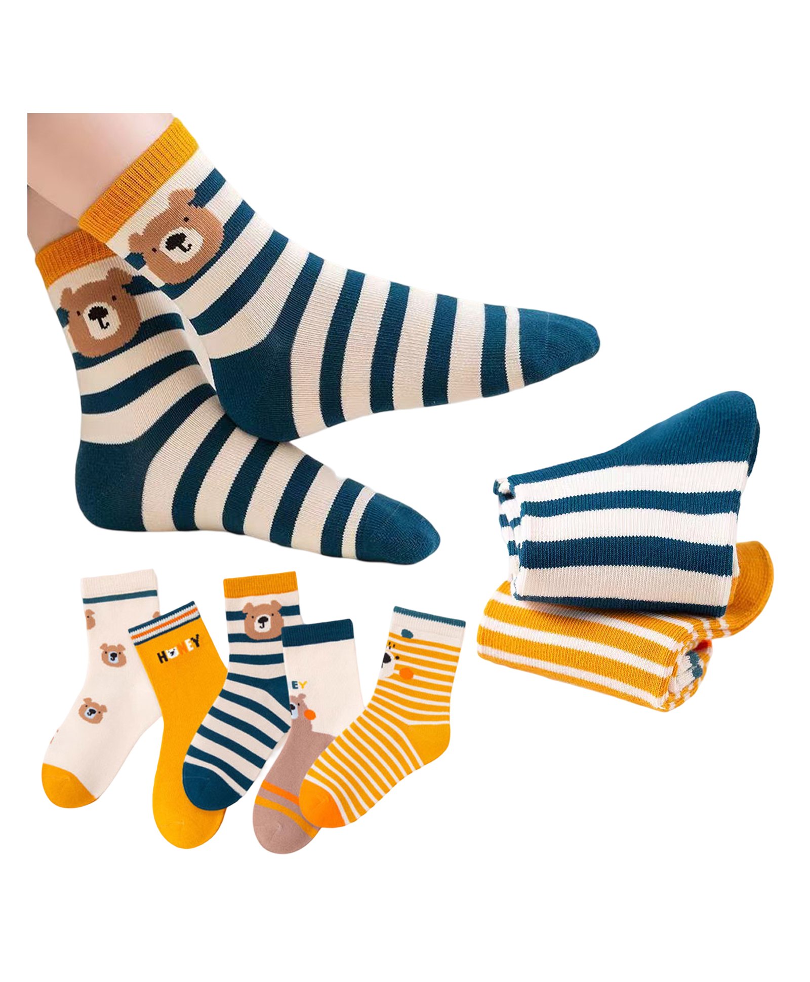Bembika Cotton Pack Of 5 Striped & Animal Designed Anti Skid Socks - Multi Colour