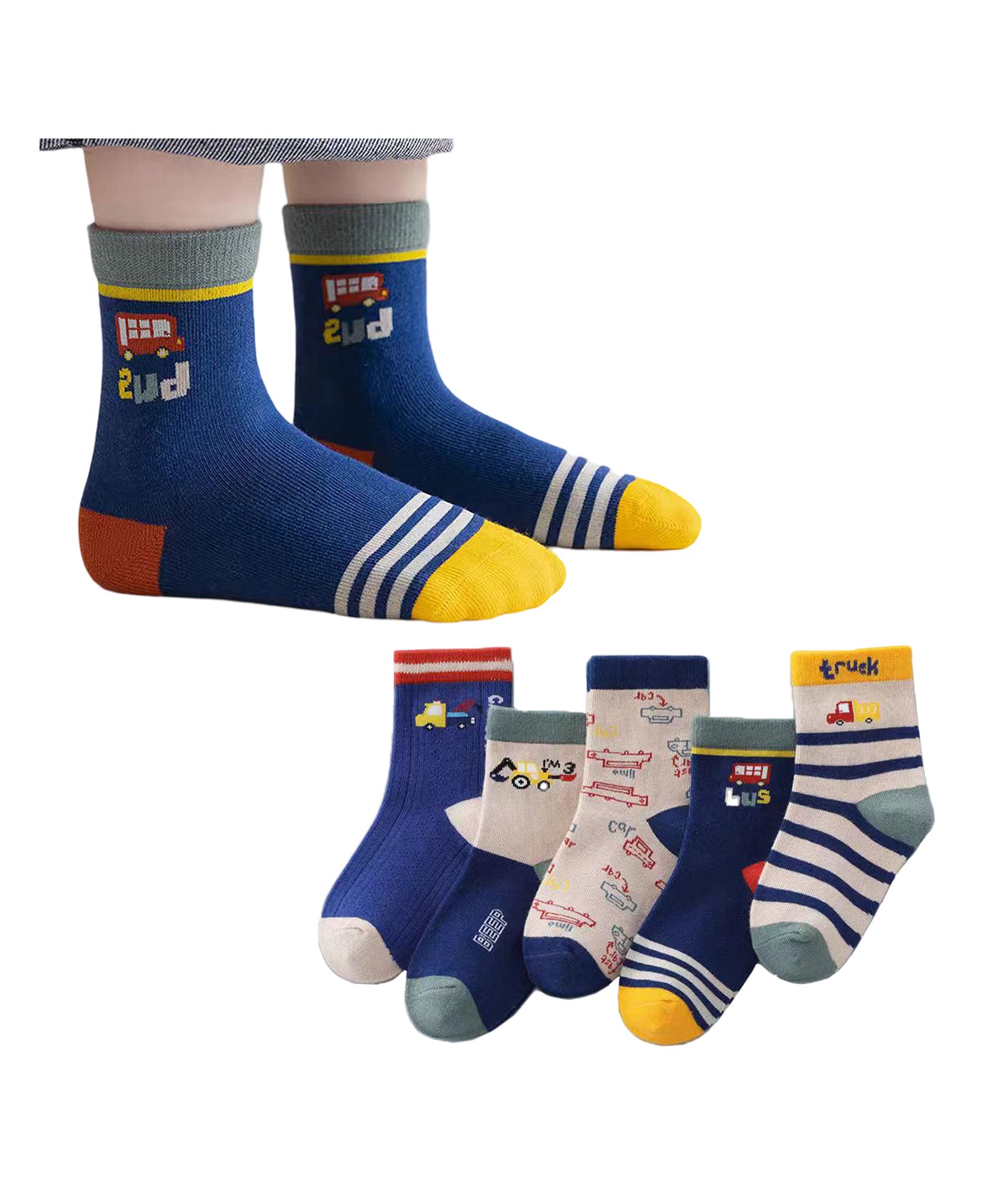 Bembika Cotton Pack Of 5 Vehicles Designed & Striped Anti Skid Socks - Multi Colour-picture-18