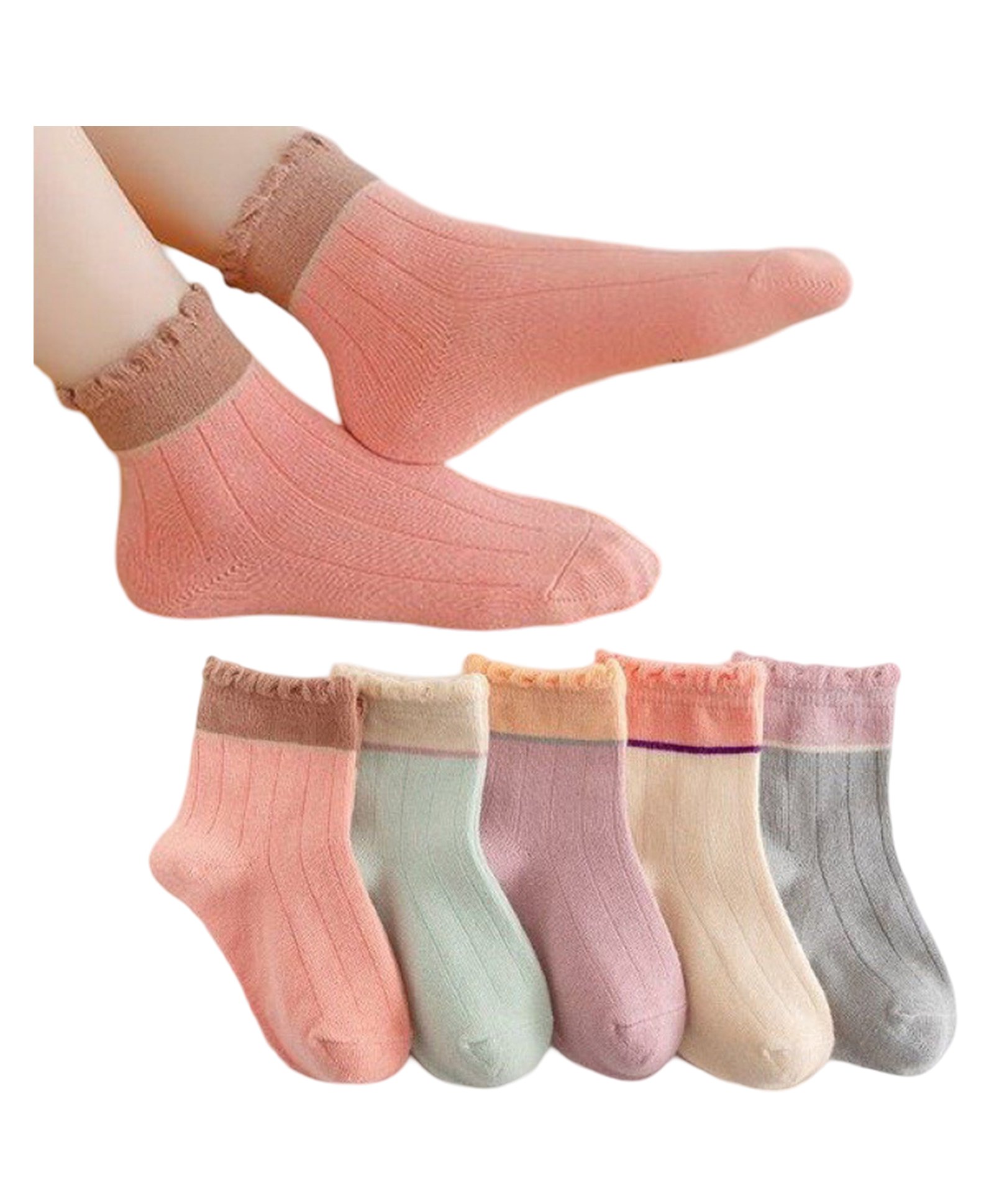 Bembika Cotton Pack Of 5 Ribbed Anti Skid Socks - Multi Colour-image-35