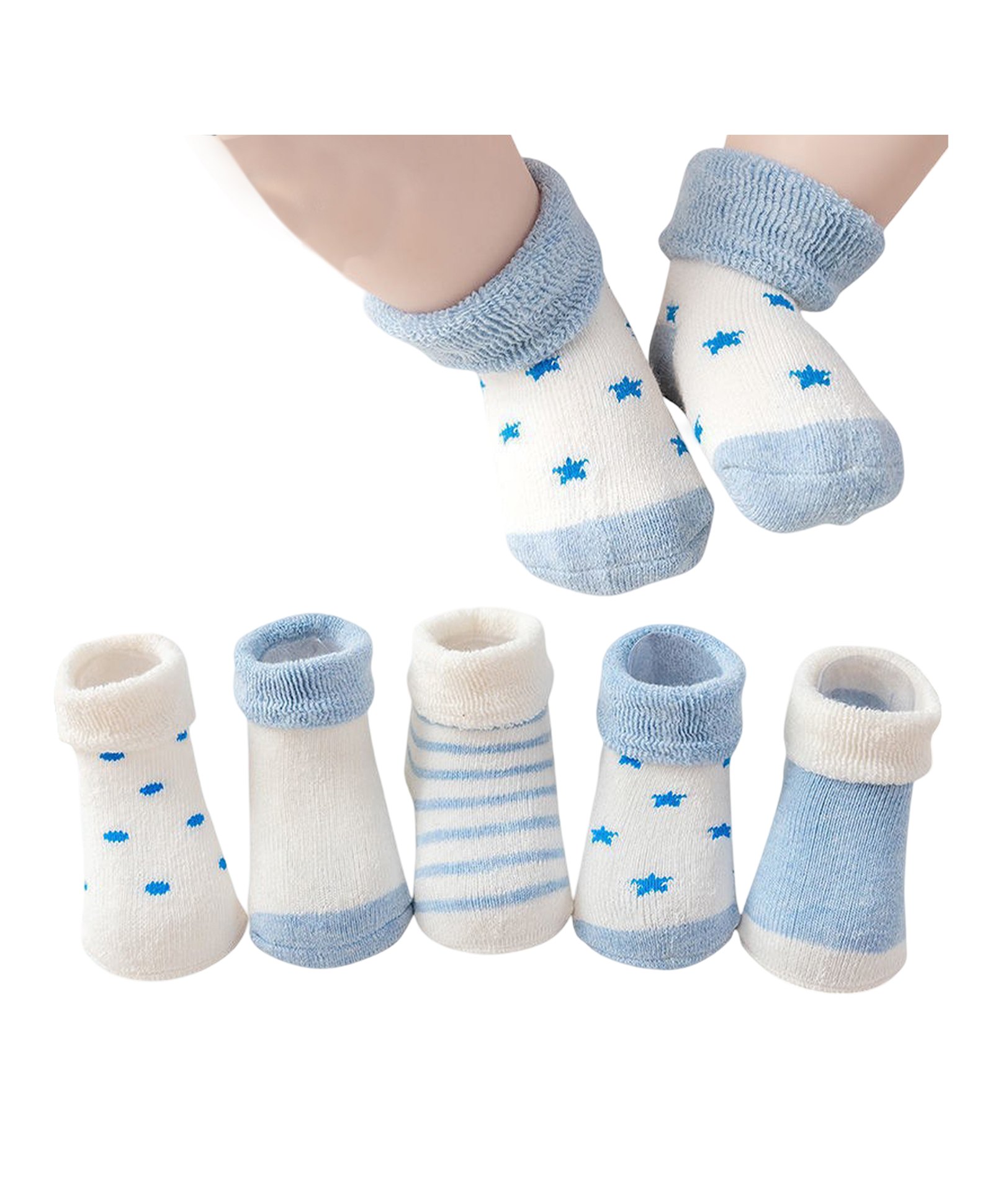 Bembika Cotton Pack Of 5 Stars Designed & Striped Anti Skid Socks - Multi Colour-image-3