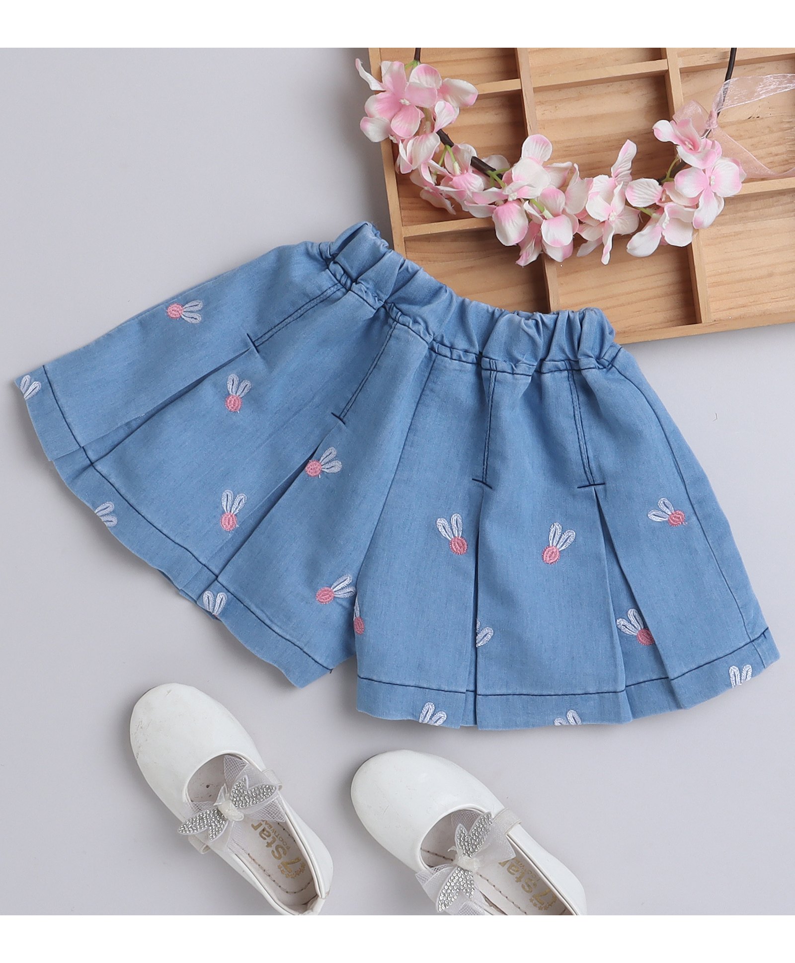 Bright Stars KIDSWEAR Cotton Denim Mild Washed & Bunny Embroidered Box Pleated Shorts - Blue-picture-13