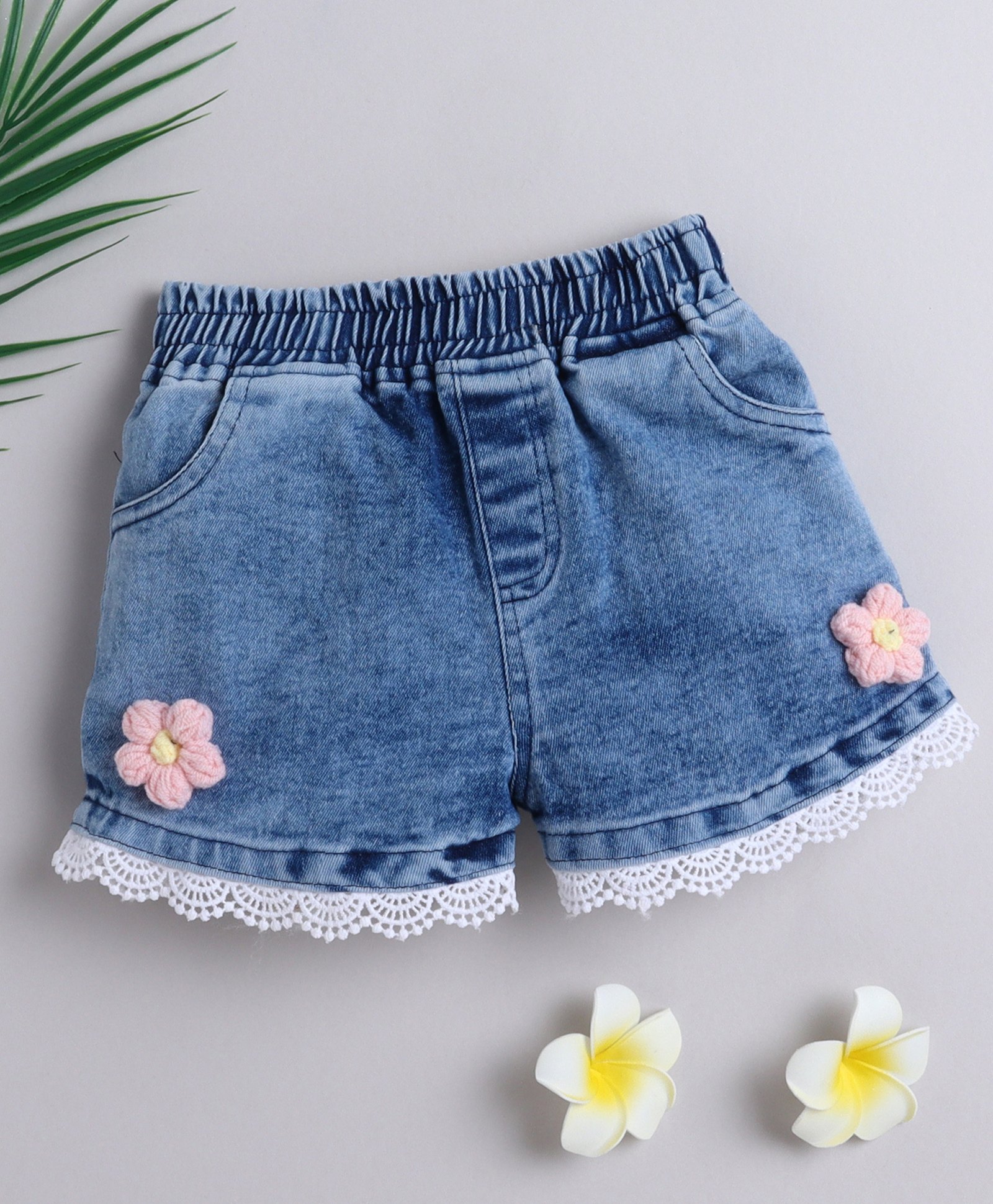 Bright Stars KIDSWEAR Cotton Blend Denim Floral Crochet & Lace Embellished Shorts - Blue-picture-17