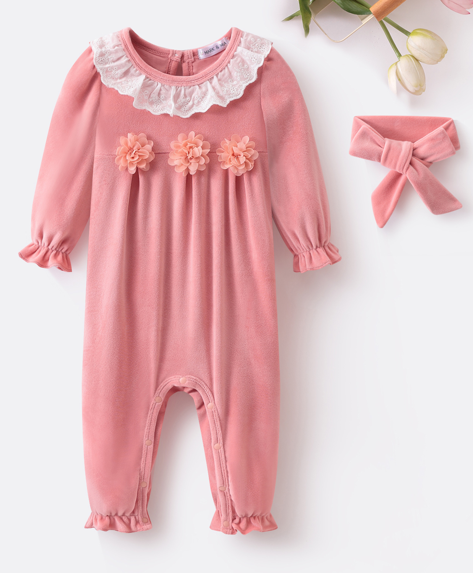 Mark & Mia Full Sleeves Romper With Floral Applique & Hairband - Peach-image-34