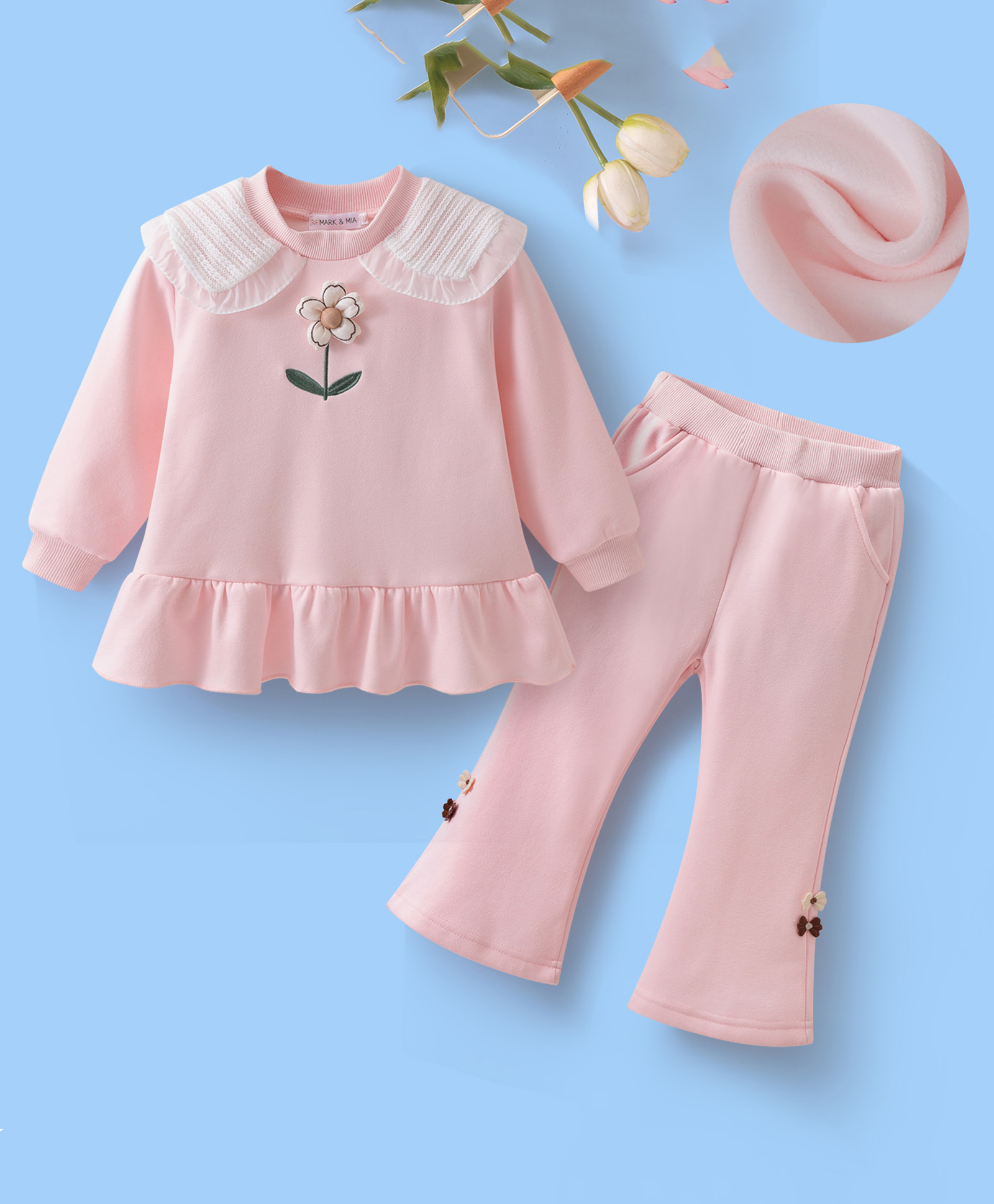 Mark & Mia Full Sleeves Top & Lounge Pant Set with Lace Detailing & Floral Applique - Pink-picture-25