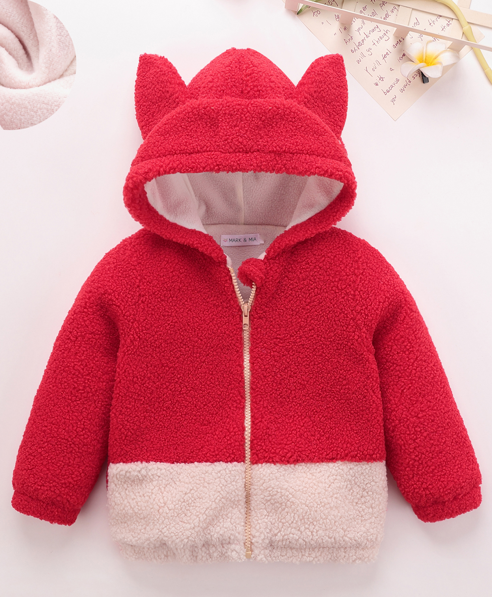 Mark & Mia Full Sleeves Front Open Fur Hooded SweatJacket With Ear Applique - Red & White-picture-17