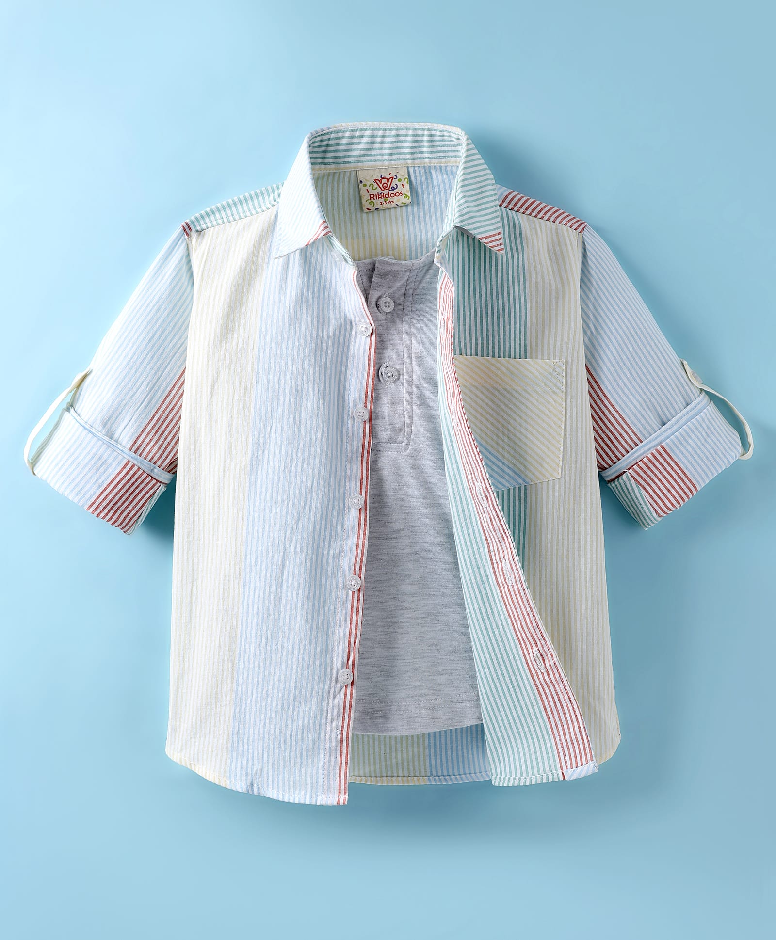 Rikidoos Full Sleeves Striped Shirt With Attached Tee Set - Red & Melange-image-21