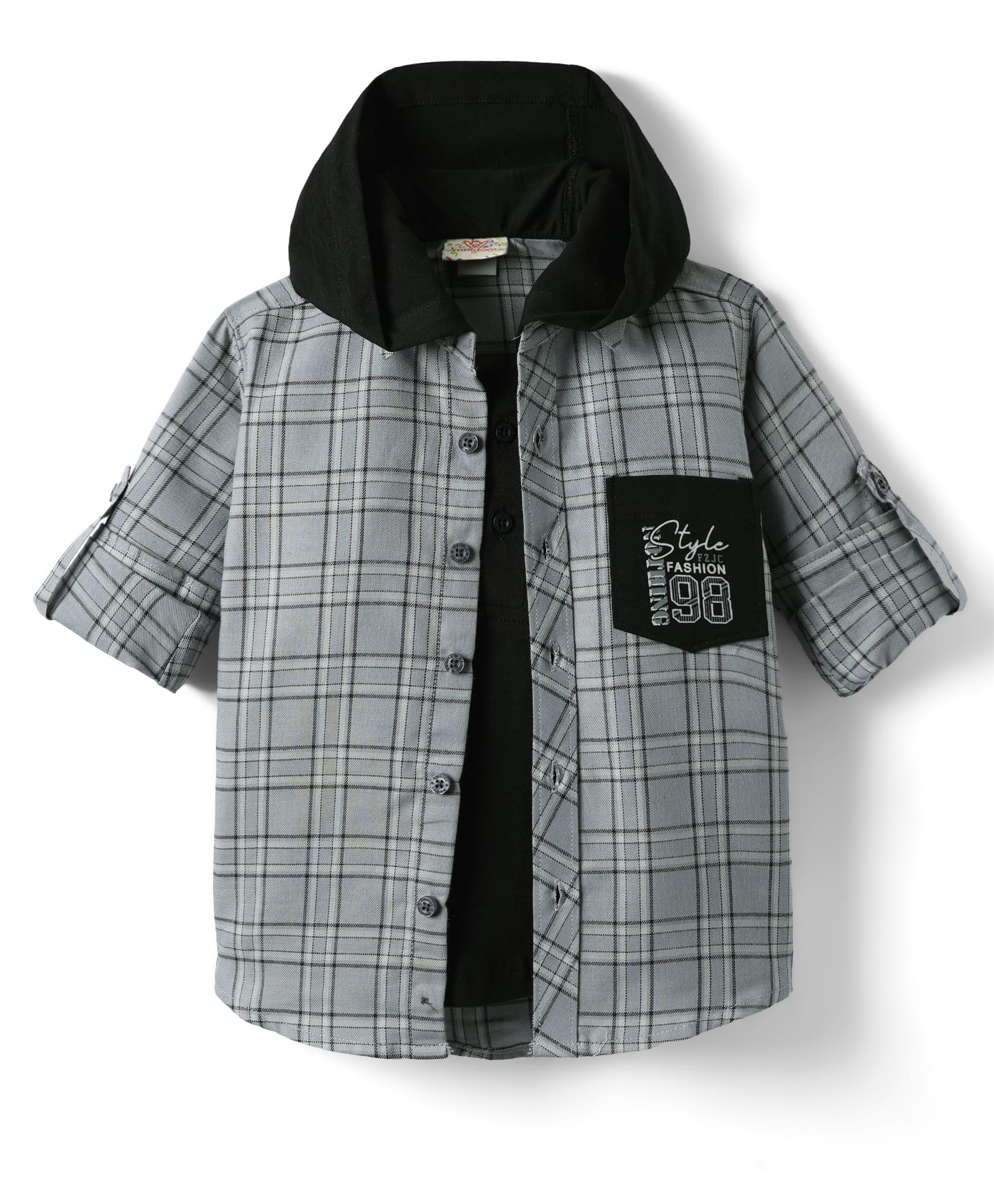 Rikidoos Full Sleeves Striped Shirt With Attached Hooded Tee Set - Grey & Black-image-35