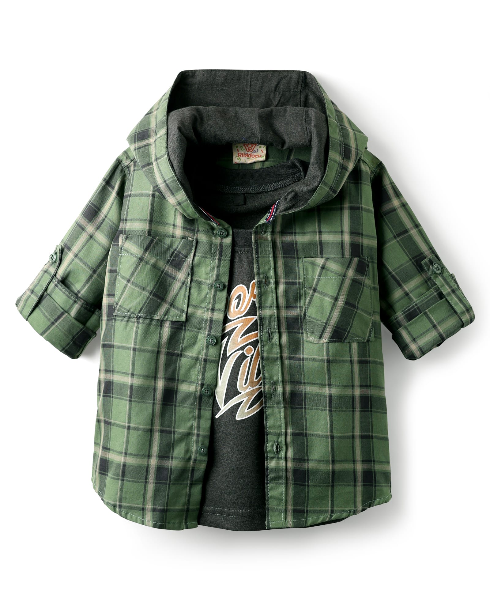 Rikidoos Full Sleeves Checked Hooded Shirt With Tee Set - Green & Dark Grey-image-49