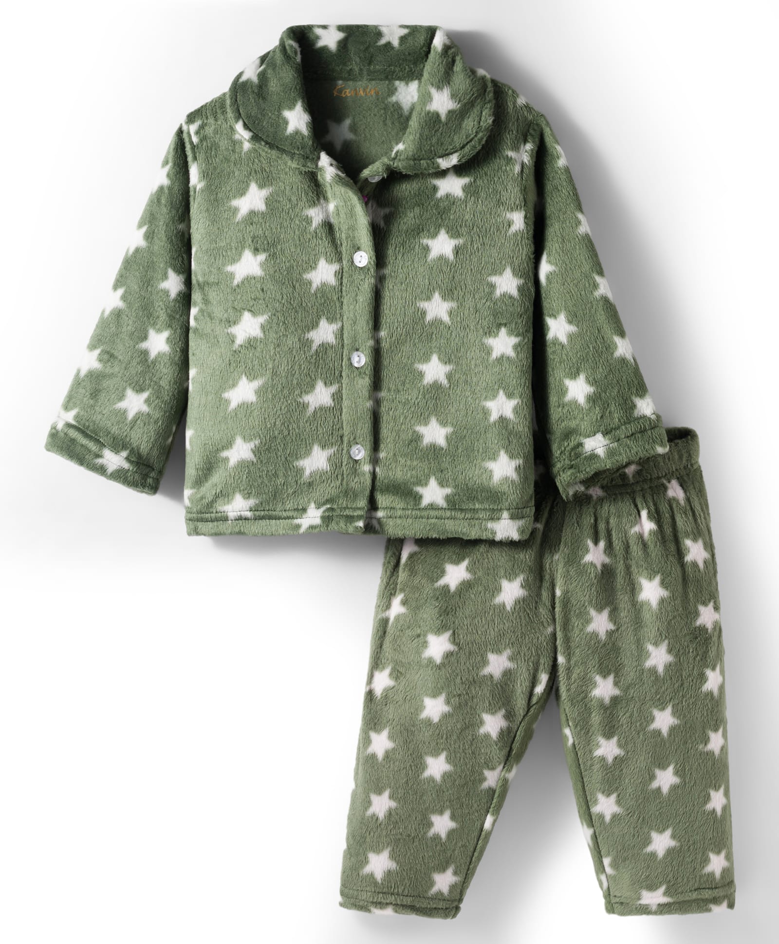 Kanvin Knit Full Sleeves Co-ords Winter Night Suit with Star Print - Green