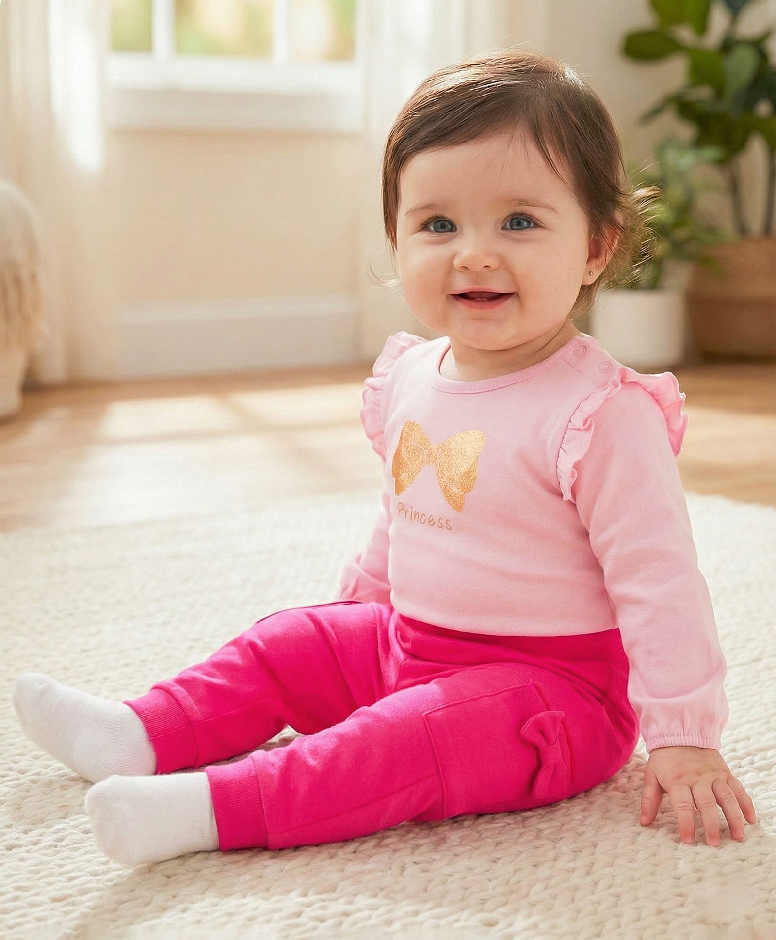 Babyoye 100% Cotton Knit Full Sleeves Onesie & Leggings with Bow Print & Frill Detailing - Pink-image-41