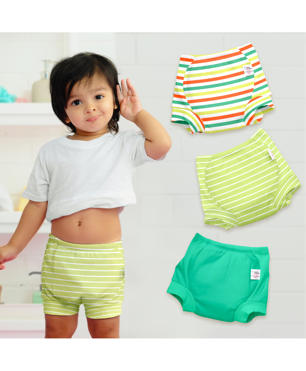 SuperBottoms Padded Underwear for 9-12M Babies Potty Training Pants for Mess-Free Diaper-Free Time Garden Green Pack of 3