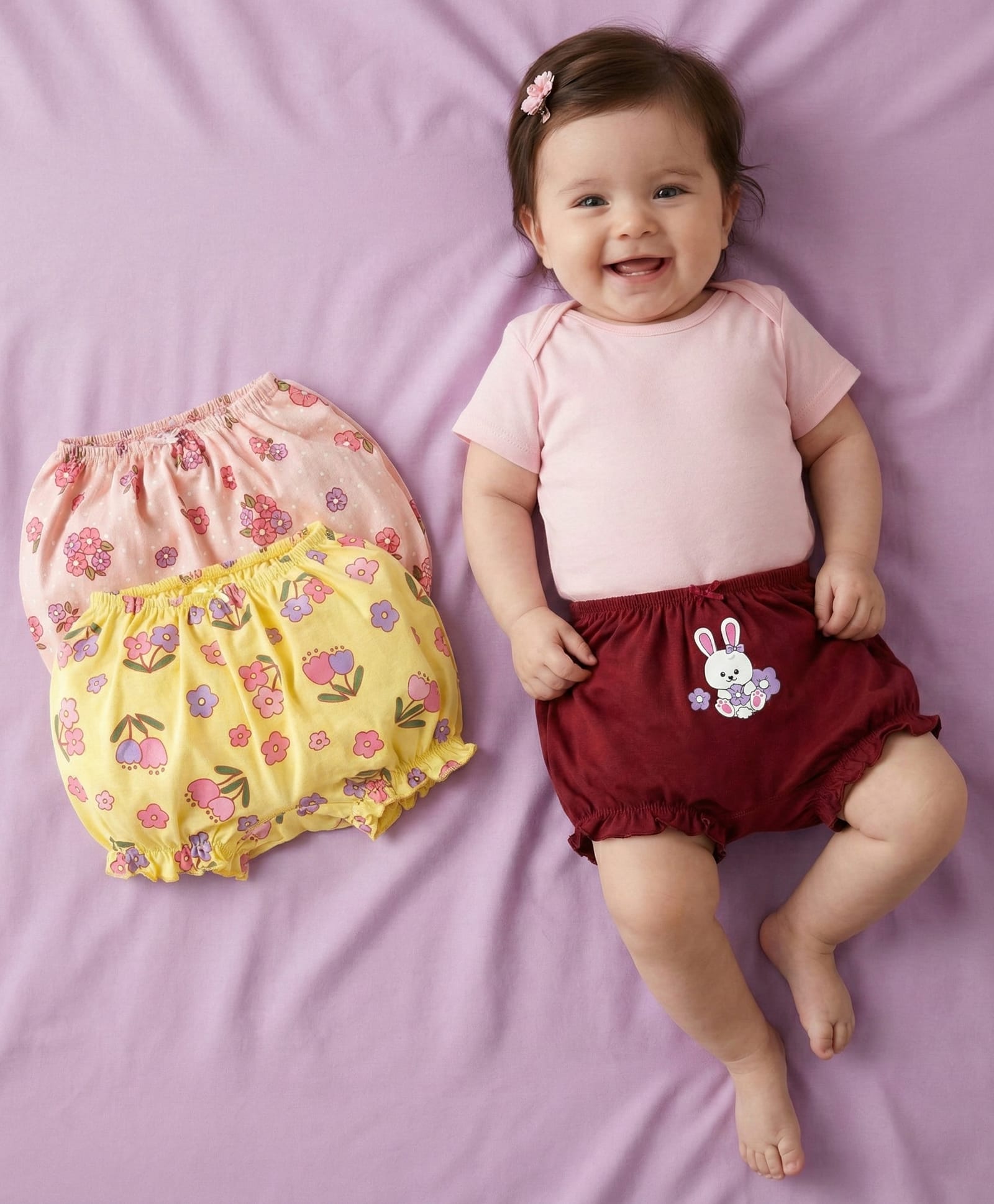 Babyoye Cotton Elastane Knit Bloomers with Floral & Bunny Print Pack of 3 - Maroon Pink & Yellow-picture-23
