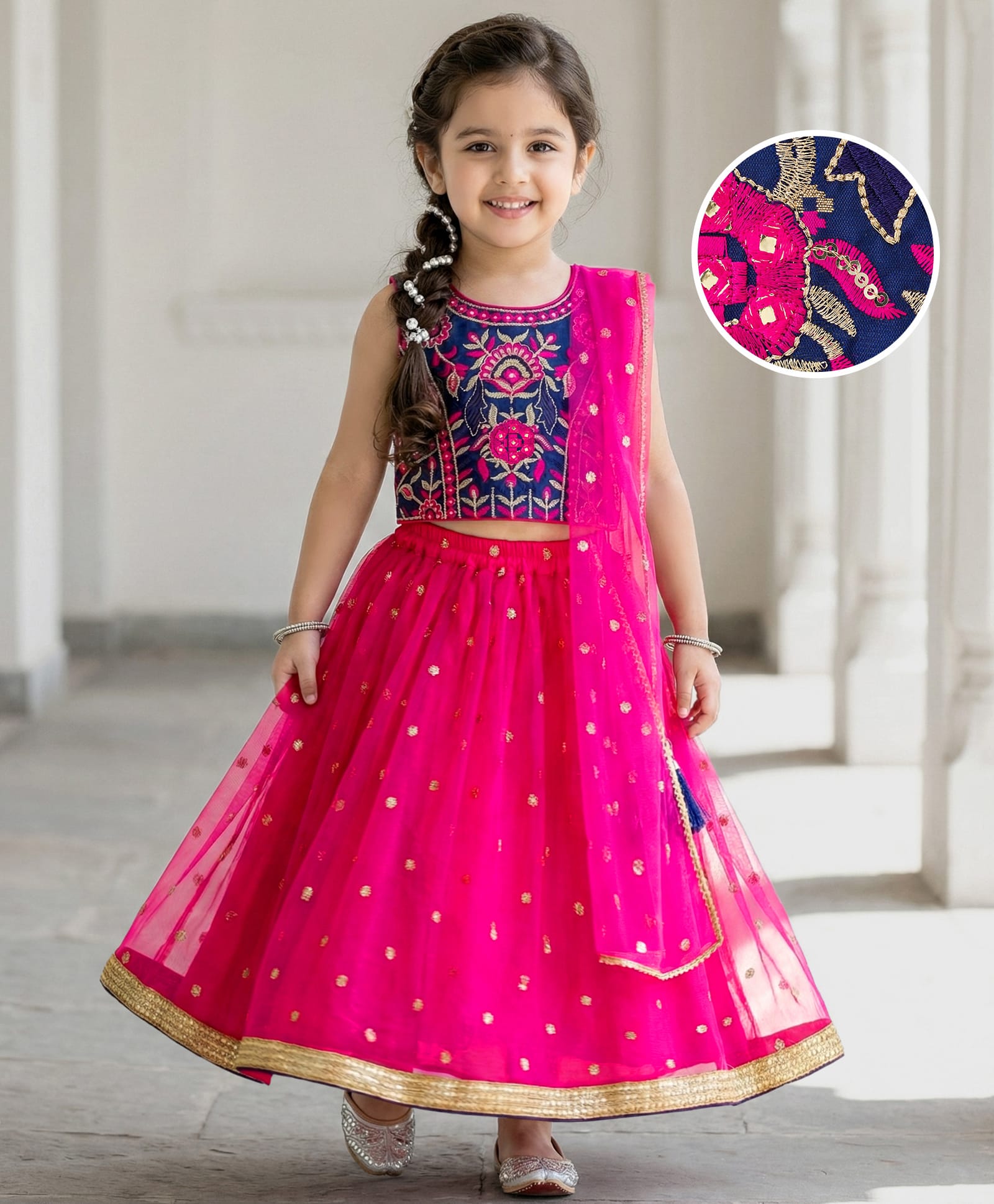 Babyhug Woven Sleeveless Embroidered Choli Lehenga Set with Dupatta - Dark Pink & Blue-image-40