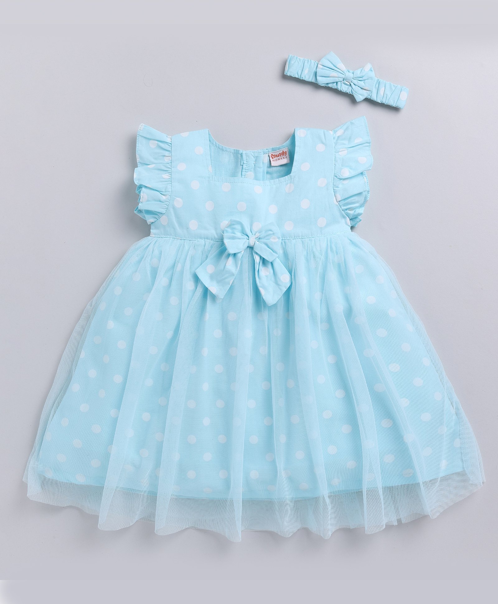 Snuggly MONKEY Poplin Woven Frill Sleeves Polka Dots Printed Bow Applique Detailed Dress With Headband - Sky Blue-picture-24